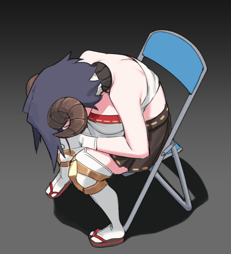 dasdokter, anila (granblue fantasy), ouro kronii, granblue fantasy, granblue fantasy versus: rising, hololive, hololive english, neon genesis evangelion, commentary, english commentary, 1girl, anila (granblue fantasy) (cosplay), bare shoulders, blue hair, breasts, cosplay, crop top, horns, large breasts, meme, navel, sandals, sheep horns, shinji in a chair (meme), short hair, sitting, skirt, solo, thighhighs, virtual youtuber