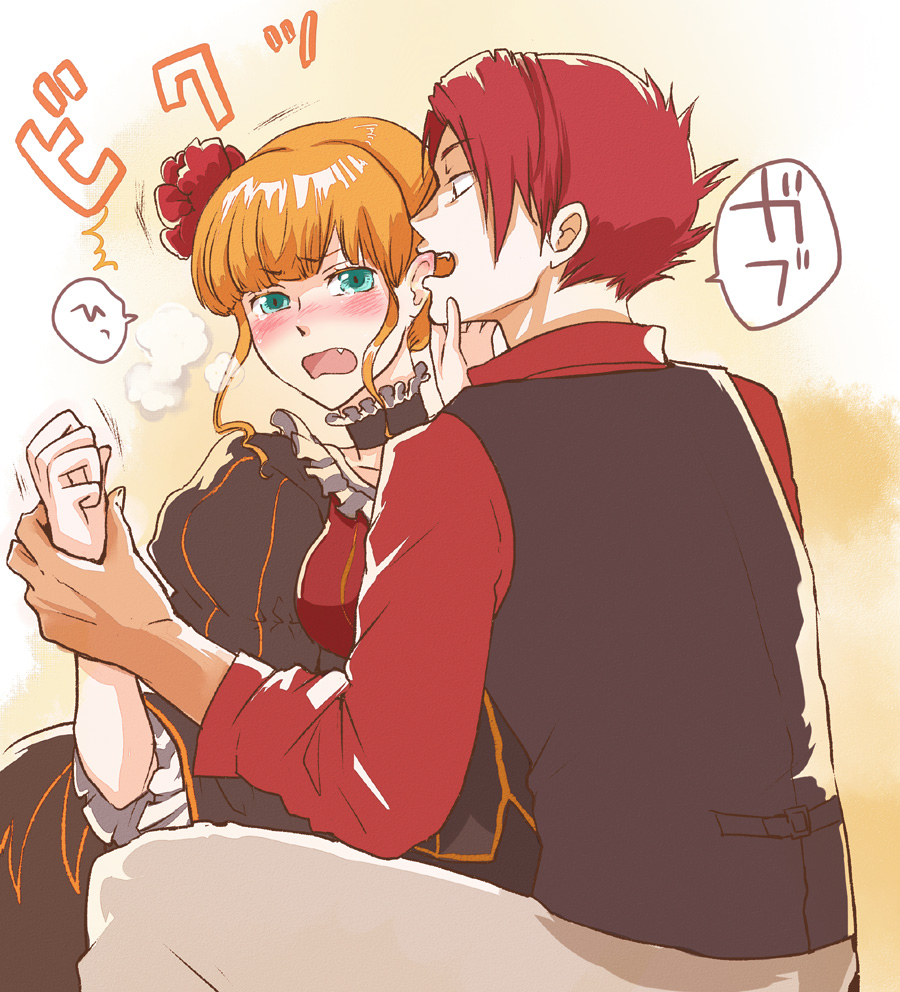 nobicco, beatrice (umineko), ushiromiya battler, umineko no naku koro ni, biting ear, grabbing, bad id, bad pixiv id, 00s, 1boy, 1girl, biting, blonde hair, blue eyes, blush, choker, fang, fangs, frills, holding another's wrist, red hair, tears, vest
