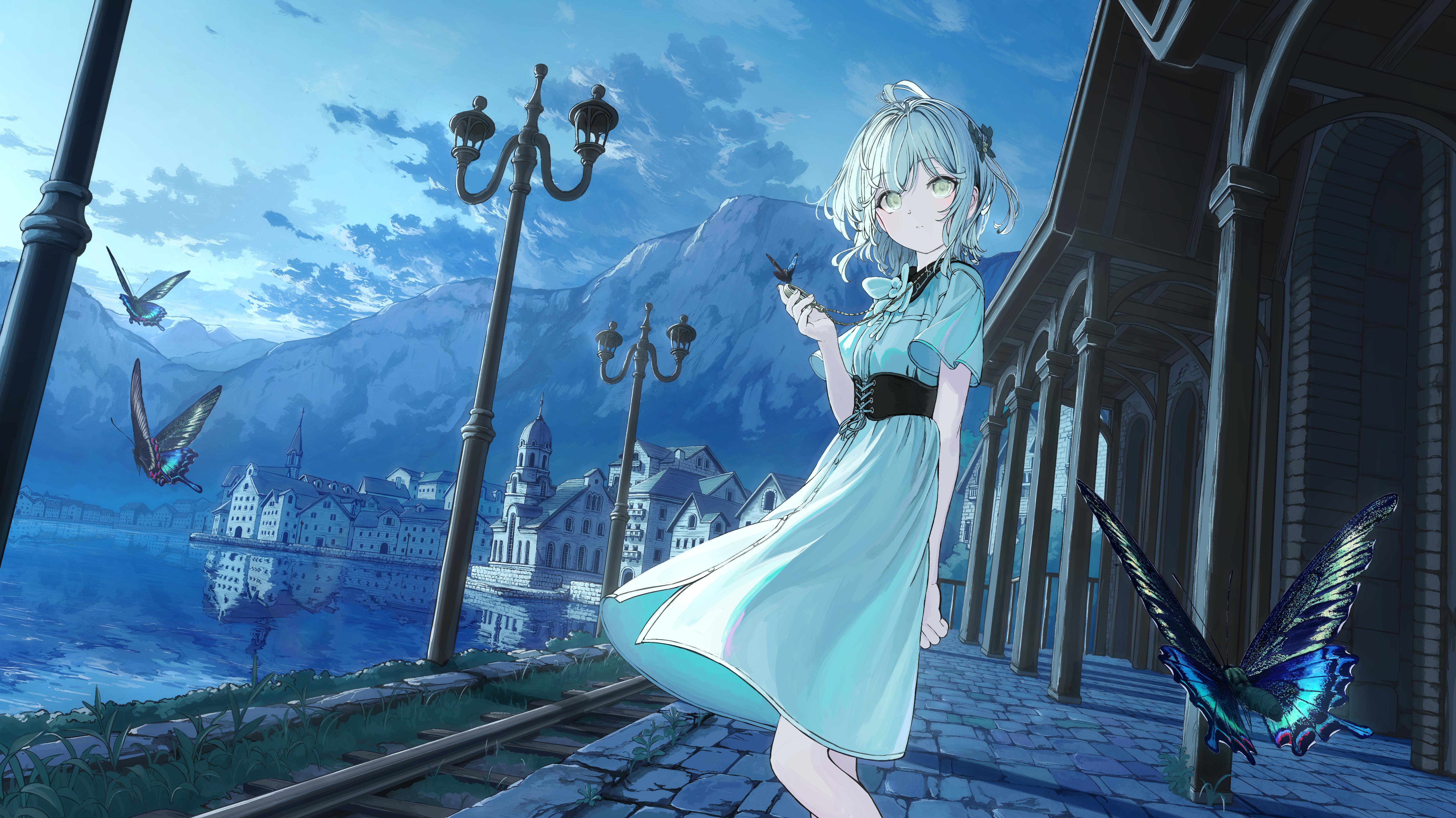 mikisai, original, absurdres, commentary request, highres, 1girl, ahoge, black corset, blue sky, bug, building, butterfly, closed mouth, cloud, corset, day, dress, feet out of frame, green eyes, hand up, insect, jewelry, lamppost, looking at viewer, mountainous horizon, necklace, outdoors, pavement, short hair, short sleeves, sky, solo, standing, train station, white dress, white hair