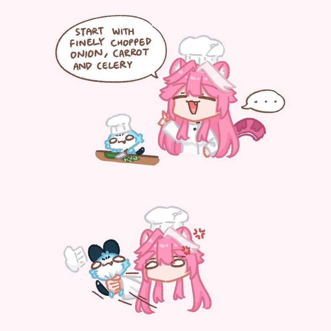 sappysque, chattino (raora panthera), raora panthera, hololive, hololive english, commentary, english commentary, …, 1girl, :3, = =, ^ ^, anger vein, animal ears, chef, chef hat, closed eyes, cucumber, english text, fang, hat, knife, long hair, multicolored hair, open mouth, panther ears, panther girl, panther tail, pink hair, smile, spoken ellipsis, strangling, streaked hair, tail, virtual youtuber