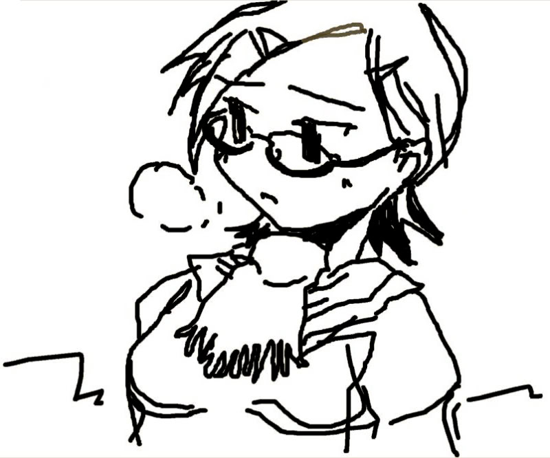 looking away, 1girl, breath, female focus, glasses, hikari naikino, monochrome, potaters, scarf, sketch, solo, upper body, white background