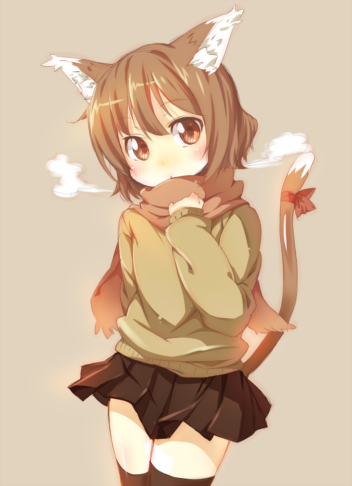 kazuma (kazumav), original, highres, 1girl, animal ears, black thighhighs, brown eyes, brown hair, cat ears, cat girl, cat tail, cowboy shot, female focus, scarf, short hair, simple background, solo, sweater, tail, thighhighs