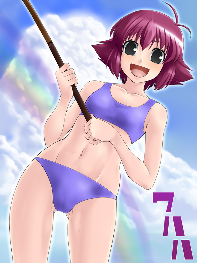 yaso shigeru, kanbara satomi, saki (manga), 00s, 1girl, abs, antenna hair, bikini, black hair, catchphrase, day, female focus, navel, pink hair, purple bikini, solo, swimsuit