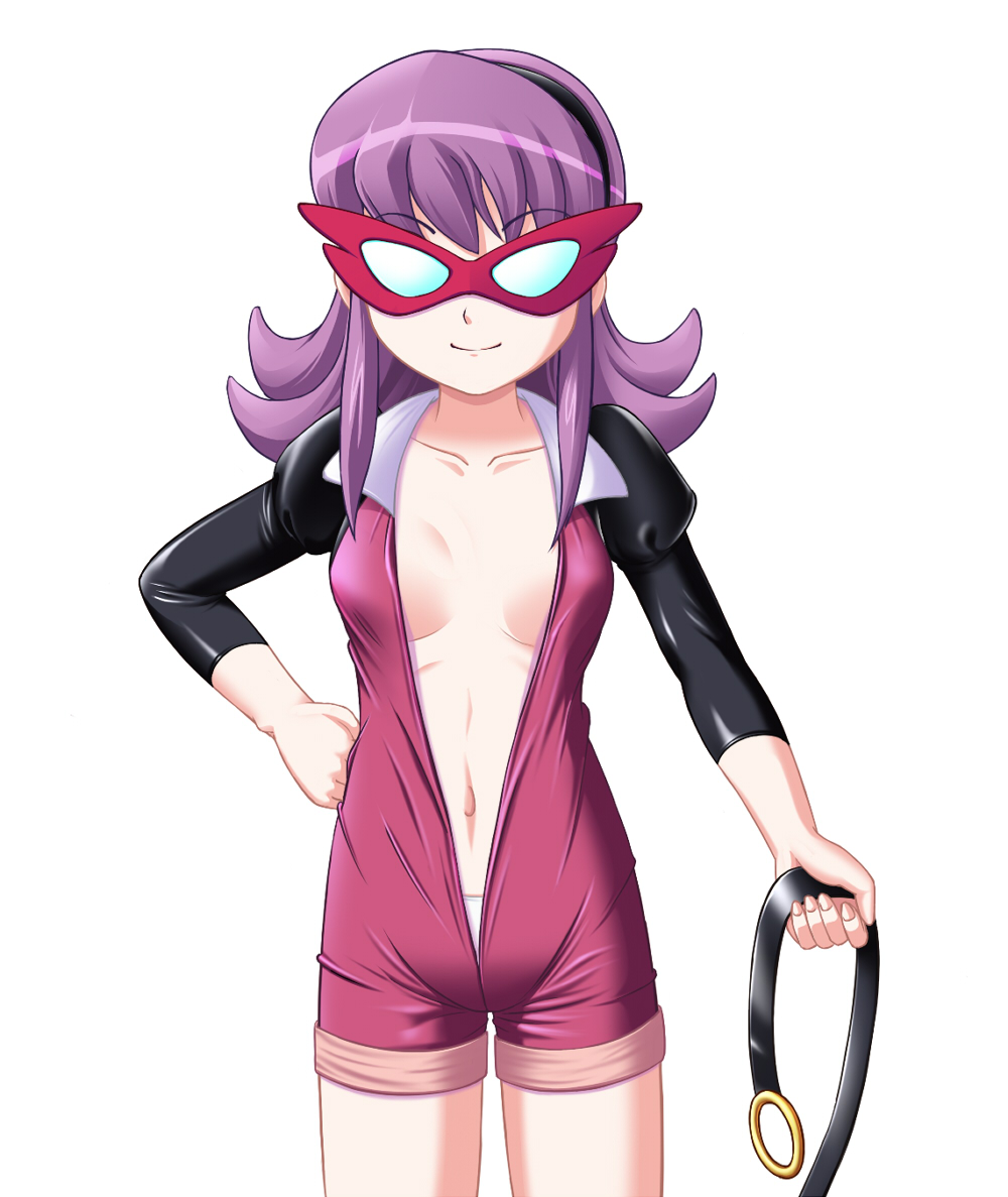 kinpira, suiren (battle spirits), battle spirits, battle spirits: shounen toppa bashin, 00s, 1girl, belt, bodysuit, breasts, center opening, cleavage, clenched hand, collarbone, cowboy shot, domino mask, eye mask, female focus, fingernails, flat chest, flipped hair, glasses, hairband, hand on own hip, hip focus, holding, light smile, long fingernails, long hair, long sleeves, looking at viewer, mask, midriff, naughty face, navel, no bra, open bodysuit, open clothes, open shirt, outstretched arm, panties, puffy sleeves, purple hair, raglan sleeves, shiny clothes, shirt, sidelocks, simple background, skin tight, small breasts, smile, solo, spandex, standing, underwear, unitard, unworn belt, unzipped, white panties