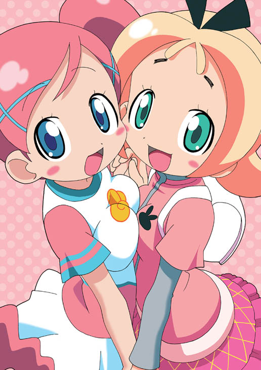 shirakawa mayumi, akai maho, oda renge, doki doki majo shinpan, 2girls, aqua eyes, blue eyes, breast press, breasts, holding hands, medium breasts, multiple girls, orange hair, pink hair, short hair, small breasts, symmetrical docking, tareme