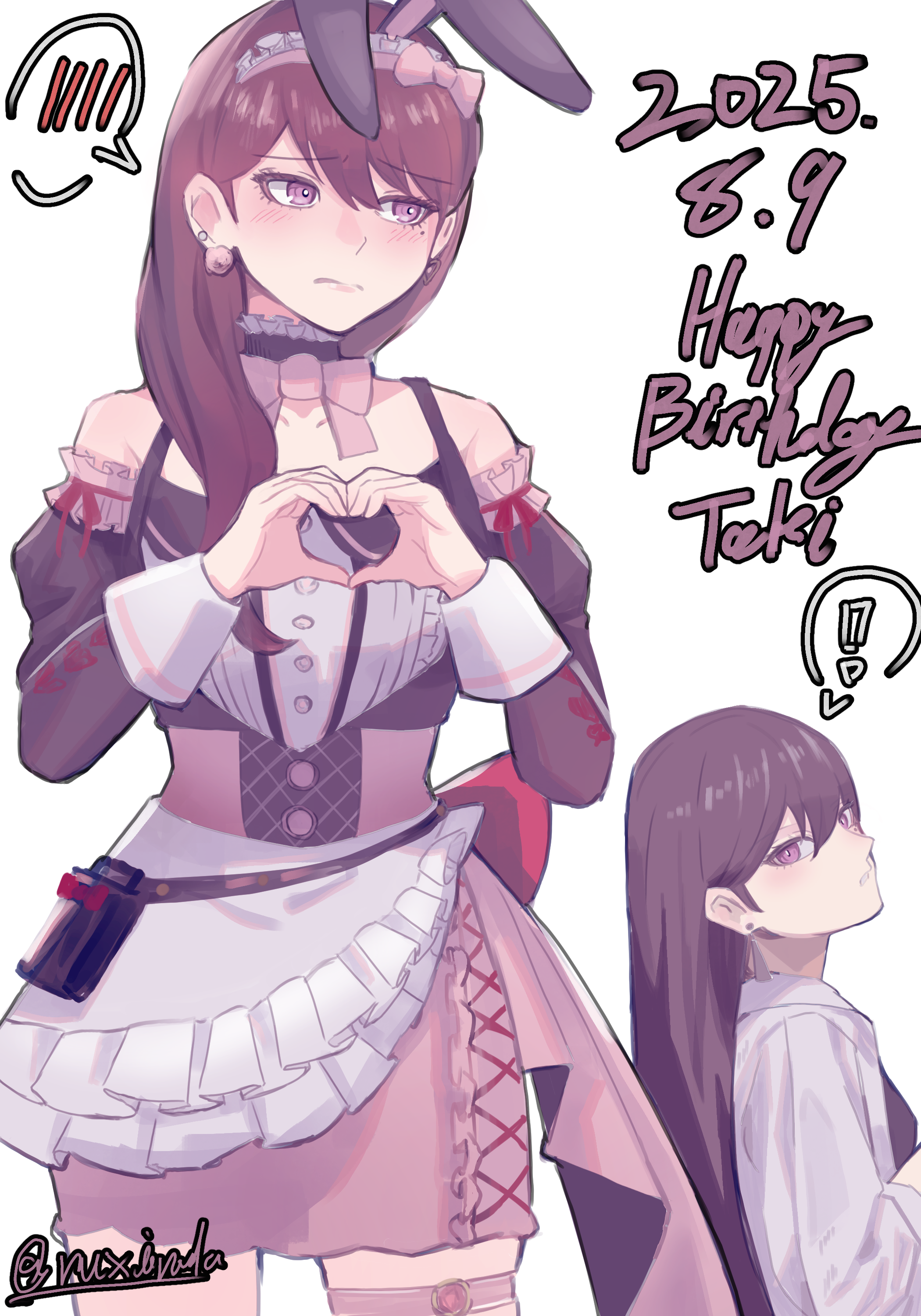 rushinada, shiina taki, bang dream!, bang dream! it's mygo!!!!!, absurdres, commentary request, highres, partial commentary, 1girl, animal ears, apron, black choker, blush, brown hair, choker, closed mouth, dated, detached sleeves, earrings, fake animal ears, happy birthday, heart, heart hands, jewelry, long hair, long sleeves, mole, mole under eye, multiple views, pink skirt, purple eyes, rabbit ears, simple background, skirt, spoken blush, white apron, white background