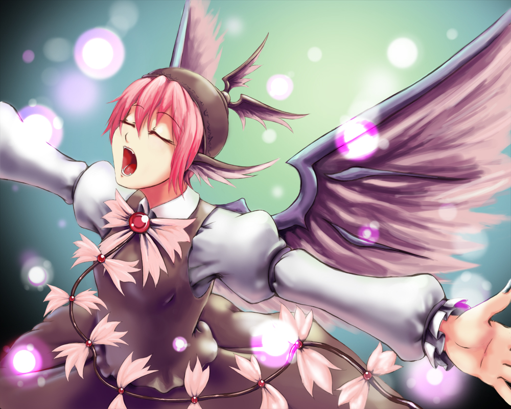 blue (pixiv), seisetu, mystia lorelei, touhou, 1girl, animal ears, closed eyes, dress, female focus, hat, music, open mouth, outstretched arms, pink hair, short hair, singing, solo, spread arms, wings
