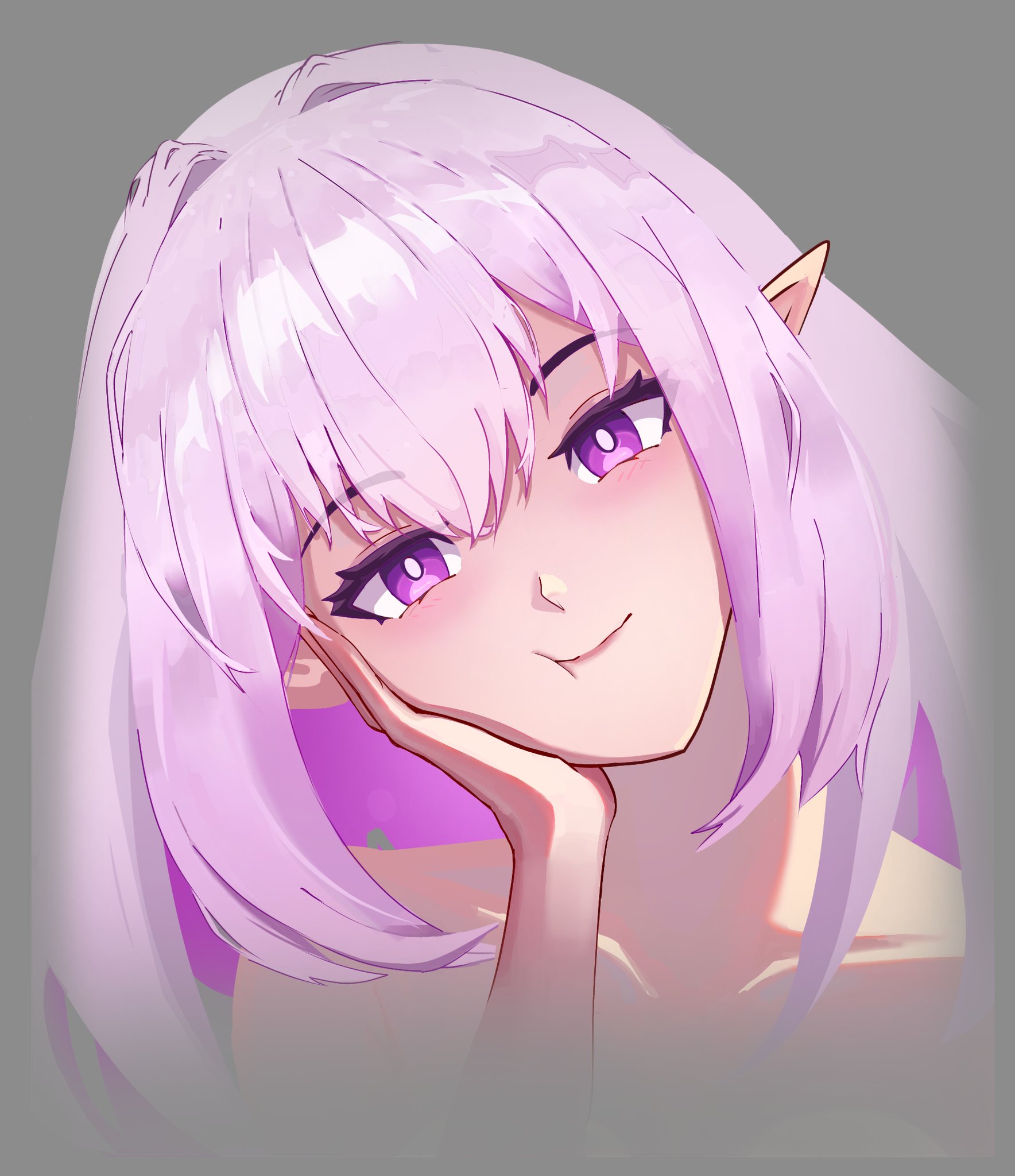 castorice (honkai: star rail), honkai: star rail, honkai (series), commentary, english commentary, highres, 1girl, bright pupils, collarbone, hair between eyes, hand on own cheek, hand on own face, head tilt, light blush, light smile, long hair, looking at viewer, pointy ears, purple eyes, purple hair, shadow, sidelocks, simple background, tekumifu, white pupils