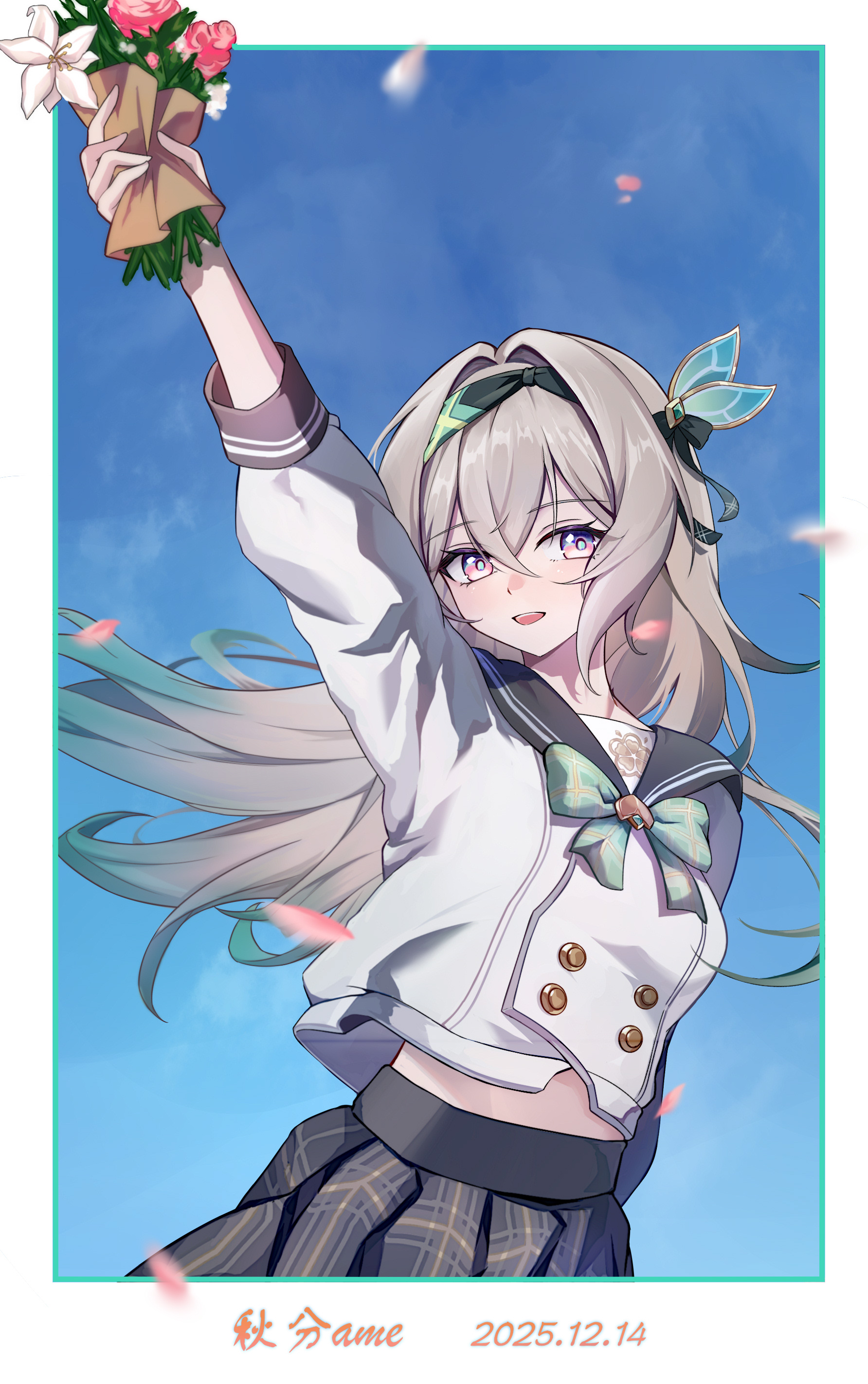 shubun (user gxsx8757), firefly (honkai: star rail), firefly (spring missive) (honkai: star rail), honkai: star rail, honkai (series), absurdres, commentary request, highres, 1girl, arm up, black hairband, black sailor collar, bow, flower, gradient hair, green bow, green hair, grey hair, grey skirt, hair between eyes, hair ornament, hairband, holding, holding flower, midriff, multicolored hair, official alternate costume, open mouth, pink flower, plaid bow, plaid clothes, plaid skirt, sailor collar, school uniform, serafuku, skirt, smile, white flower