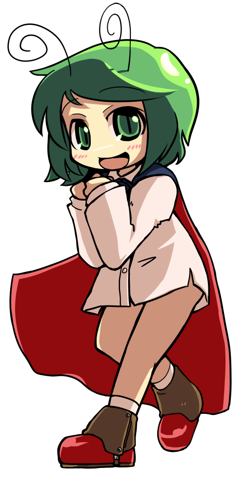 ugif, wriggle nightbug, touhou, long image, tall image, 1girl, antennae, boots, bottomless, cape, female focus, full body, green eyes, green hair, matching hair/eyes, short hair, simple background, solo, white background