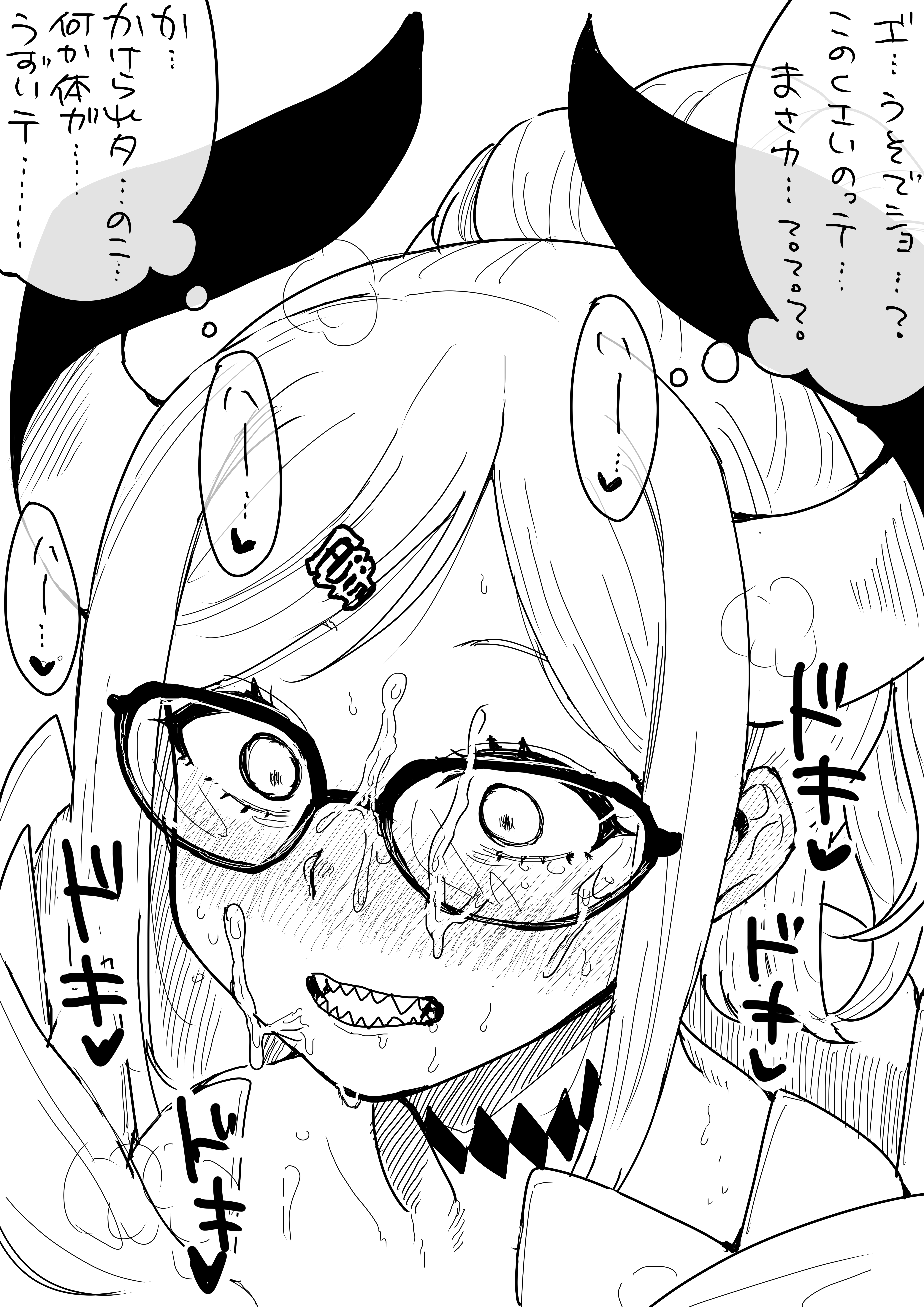 kaiman garupan, levi elipha, nijisanji, absurdres, commentary request, highres, translation request, 1girl, blush, cum, cum on body, facial, glasses, greyscale, horns, monochrome, open mouth, sharp teeth, solo, sound effects, speech bubble, teeth, thought bubble, virtual youtuber