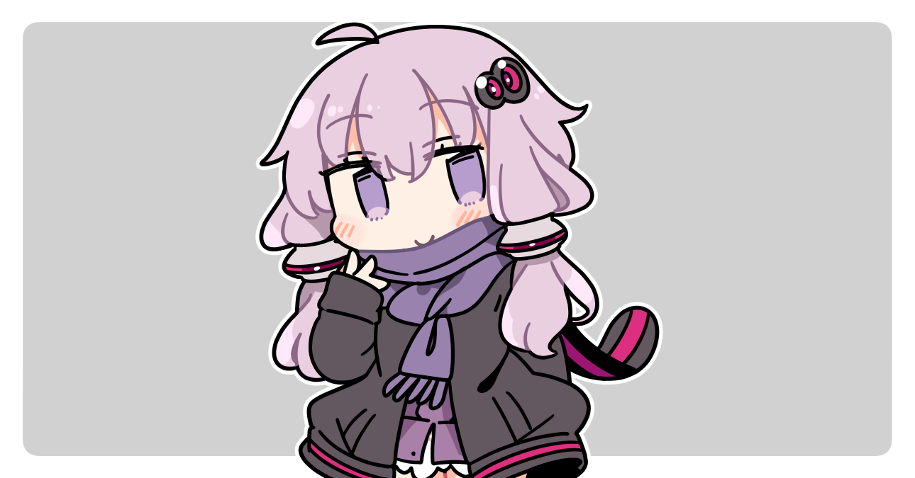 ini (inunabe00), yuzuki yukari, vocaloid, voiceroid, 1girl, ahoge, black jacket, blush, border, chibi, chibi only, closed mouth, cowboy shot, dress, grey background, hair ornament, hand up, jacket, long sleeves, looking at viewer, open clothes, open jacket, outline, outside border, purple dress, purple eyes, purple hair, purple scarf, scarf, short hair with long locks, simple background, smile, solo, white border, white outline, winter clothes