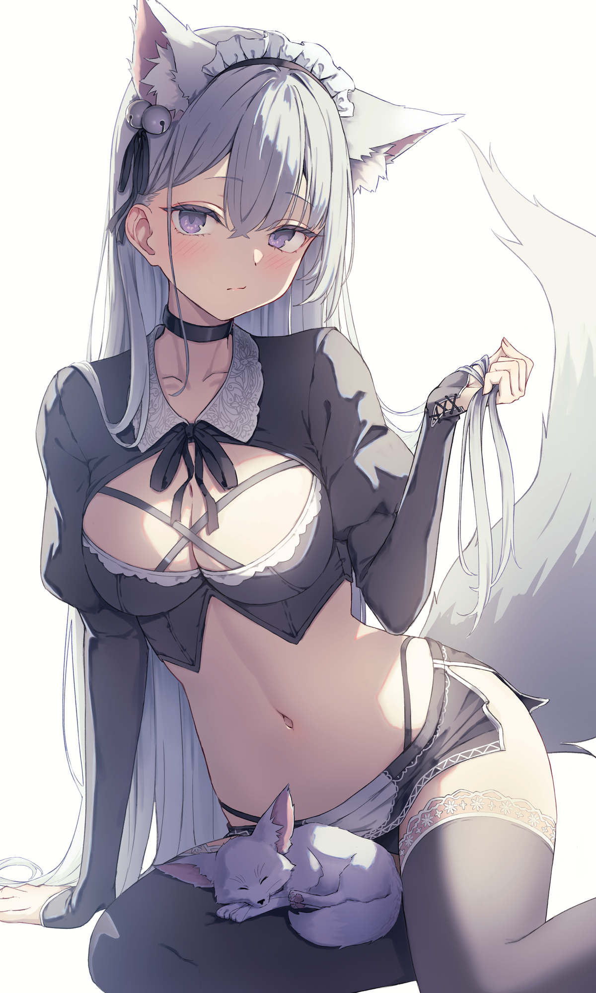 ryuudog, original, commentary request, highres, 1girl, animal, animal ear fluff, animal ears, bell, black panties, black shirt, black skirt, black thighhighs, breasts, cleavage, closed mouth, collared shirt, feet out of frame, fox, grey eyes, grey hair, hair bell, hair between eyes, hair ornament, hand up, highleg, highleg panties, jingle bell, long sleeves, looking at viewer, maid headdress, medium breasts, microskirt, navel, panties, shirt, simple background, skirt, sleeves past wrists, solo, tail, thighhighs, underwear, white background