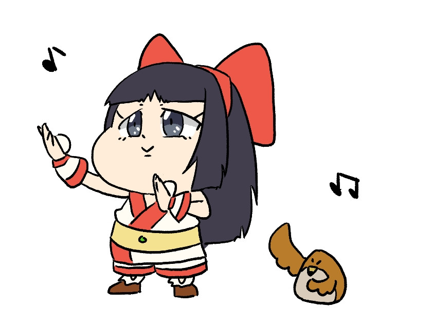 gamushiro, mamahaha, nakoruru, samurai spirits, snk, the king of fighters, the king of fighters xv, 1girl, ainu clothes, arms up, black hair, breasts, chibi, dancing, fingerless gloves, gloves, grey eyes, legs, long hair, musical note, pants, small breasts, smile, thighs