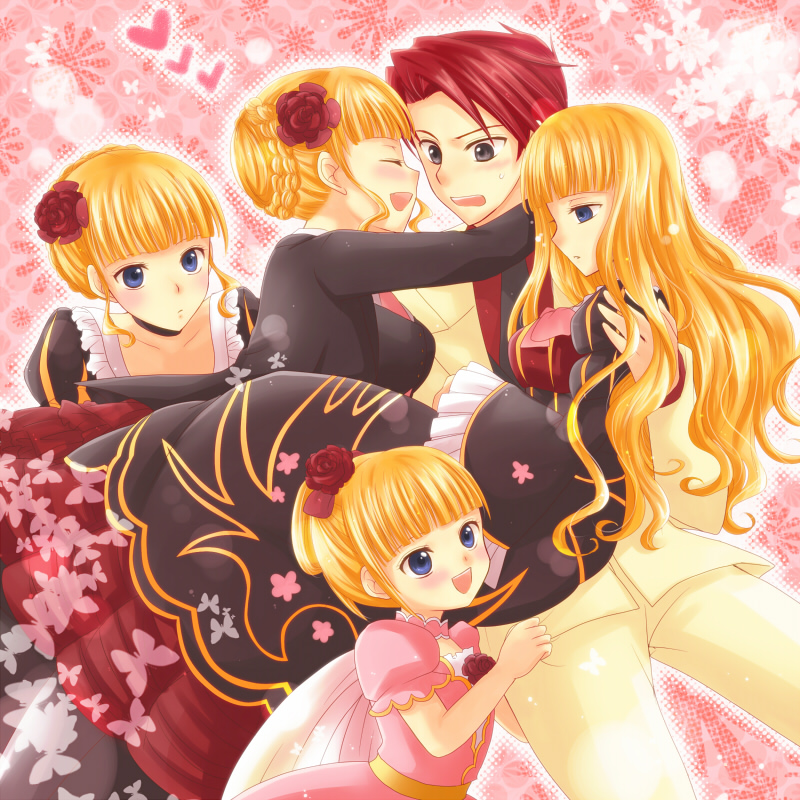 maekawa suu, beatrice (umineko), ushiromiya battler, ushiromiya beatrice, umineko no naku koro ni, 00s, 1boy, 4girls, age comparison, aged down, blonde hair, blue eyes, choker, frills, long hair, multiple girls, multiple persona, red hair, time paradox