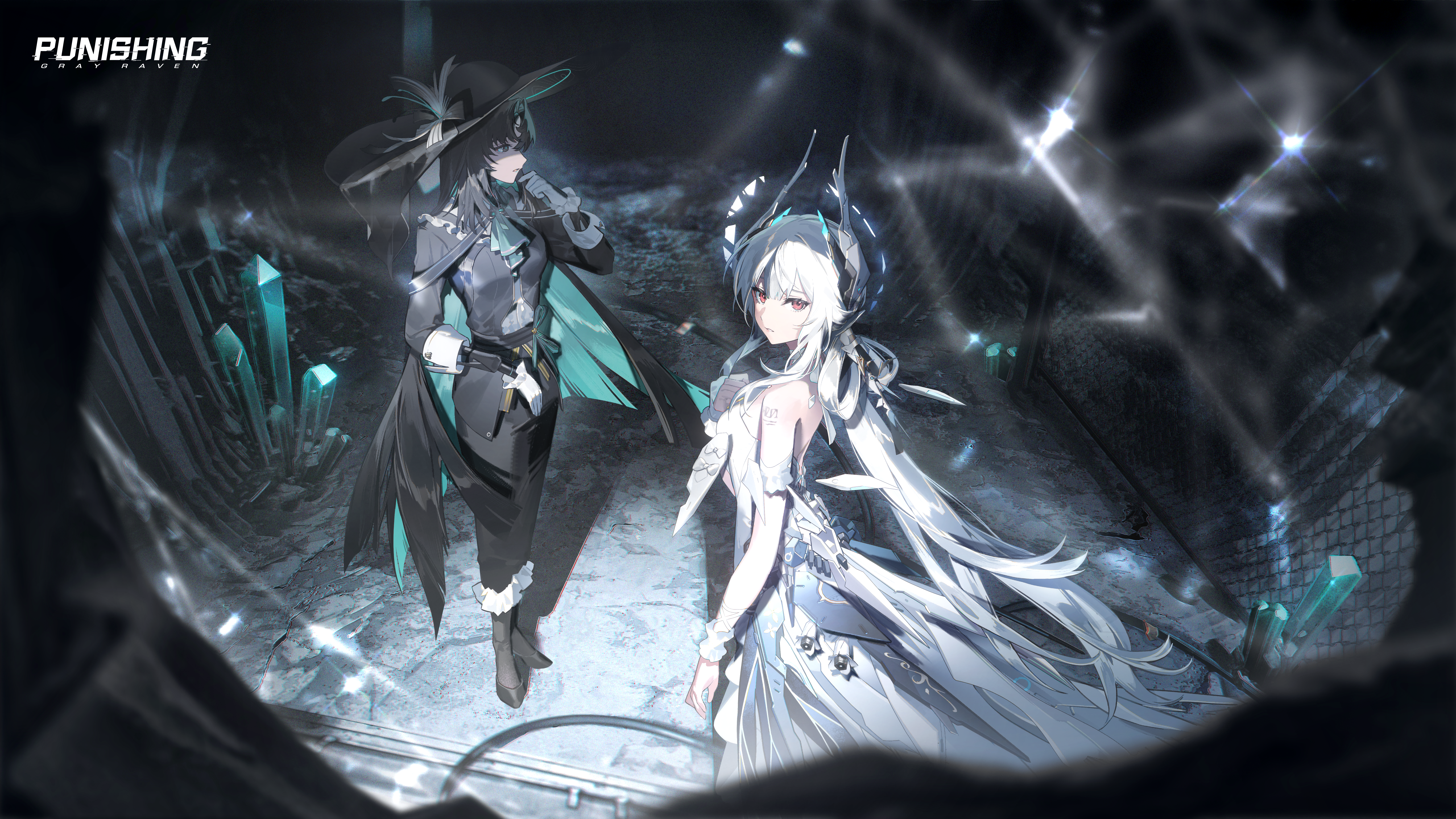 liv: limpidity (pgr), liv (pgr), punishing: gray raven, absurdres, highres, official art, 2girls, aqua ascot, aqua hair, aqua pupils, ascot, barbed wire, black eyes, black hair, black jacket, black pants, blurry, blurry foreground, chain-link fence, colored inner hair, copyright name, crystal, fence, floating headgear, frilled cuffs, frilled gloves, frills, from side, full body, fur-trimmed pants, fur trim, gloves, hair between eyes, hand on own chest, headgear, high heels, jacket, long hair, long sleeves, looking ahead, looking at viewer, mechanical arms, melinoe (pgr), multicolored hair, multiple girls, pants, parted lips, ponytail, red eyes, turning head, very long hair, white gloves, white hair, white wrist cuffs, wrist cuffs