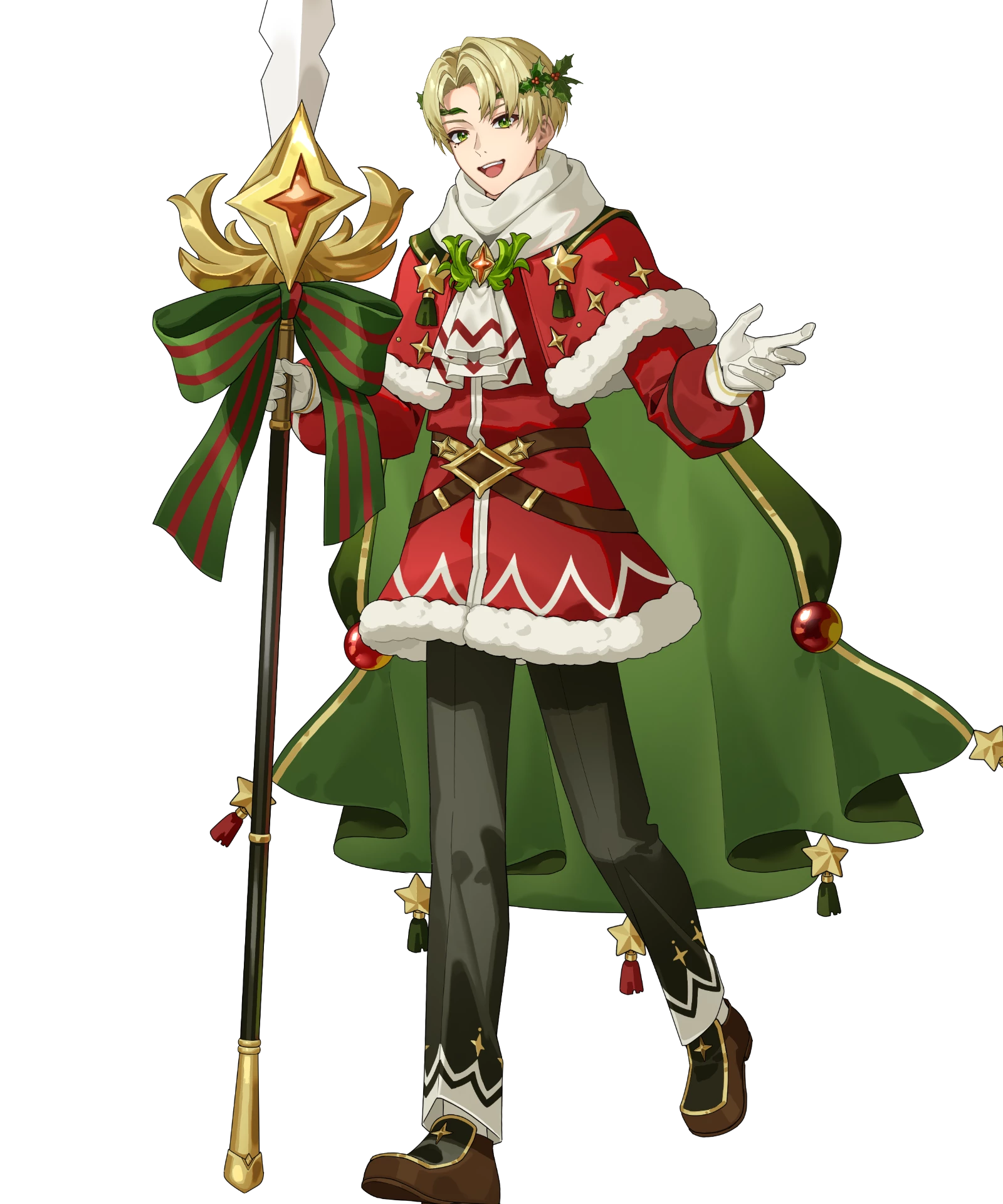 hanada 09, alfred (fire emblem), fire emblem, fire emblem engage, fire emblem heroes, nintendo, commentary request, highres, non-web source, official art, 1boy, alfred (joyous snowdrop) (fire emblem), belt, black pants, blonde hair, bow, brown belt, cape, capelet, coat, fur-trimmed capelet, fur-trimmed coat, fur trim, gloves, green bow, green cape, green eyes, hair ornament, holding, holding polearm, holding weapon, holly, holly hair ornament, long sleeves, looking at viewer, male focus, official alternate costume, open mouth, pants, polearm, red capelet, red coat, santa costume, scarf, shoes, short hair, simple background, smile, solo, star (symbol), star ornament, tachi-e, weapon, white background, white gloves, white scarf