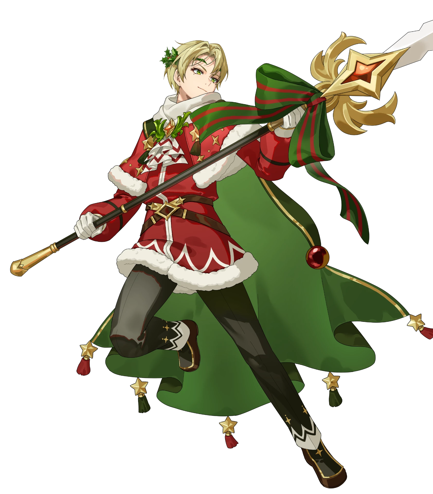 hanada 09, alfred (fire emblem), fire emblem, fire emblem engage, fire emblem heroes, nintendo, commentary request, highres, non-web source, official art, 1boy, alfred (joyous snowdrop) (fire emblem), attack, belt, black pants, blonde hair, bow, box, brown belt, cape, capelet, christmas ornaments, coat, fighting stance, fur-trimmed capelet, fur-trimmed coat, fur trim, gift, gift box, gingerbread man, gloves, green bow, green cape, hair ornament, holding, holding polearm, holding weapon, holly, holly hair ornament, long sleeves, looking at viewer, male focus, official alternate costume, pants, polearm, red capelet, red coat, santa costume, scarf, shoes, short hair, simple background, smile, solo, star (symbol), star ornament, weapon, white background, white gloves, white scarf