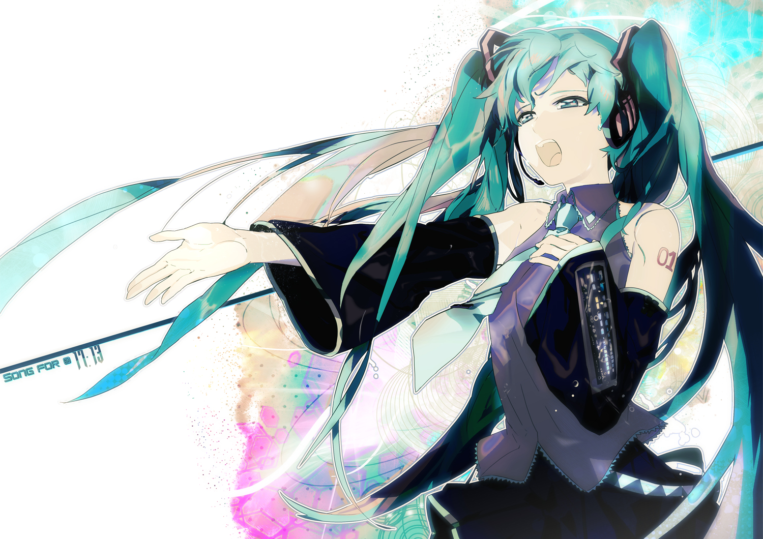 zis, hatsune miku, vocaloid, bad id, bad pixiv id, 1girl, aqua eyes, aqua hair, detached sleeves, female focus, headphones, headset, long hair, necktie, open mouth, skirt, solo, twintails, very long hair, white background
