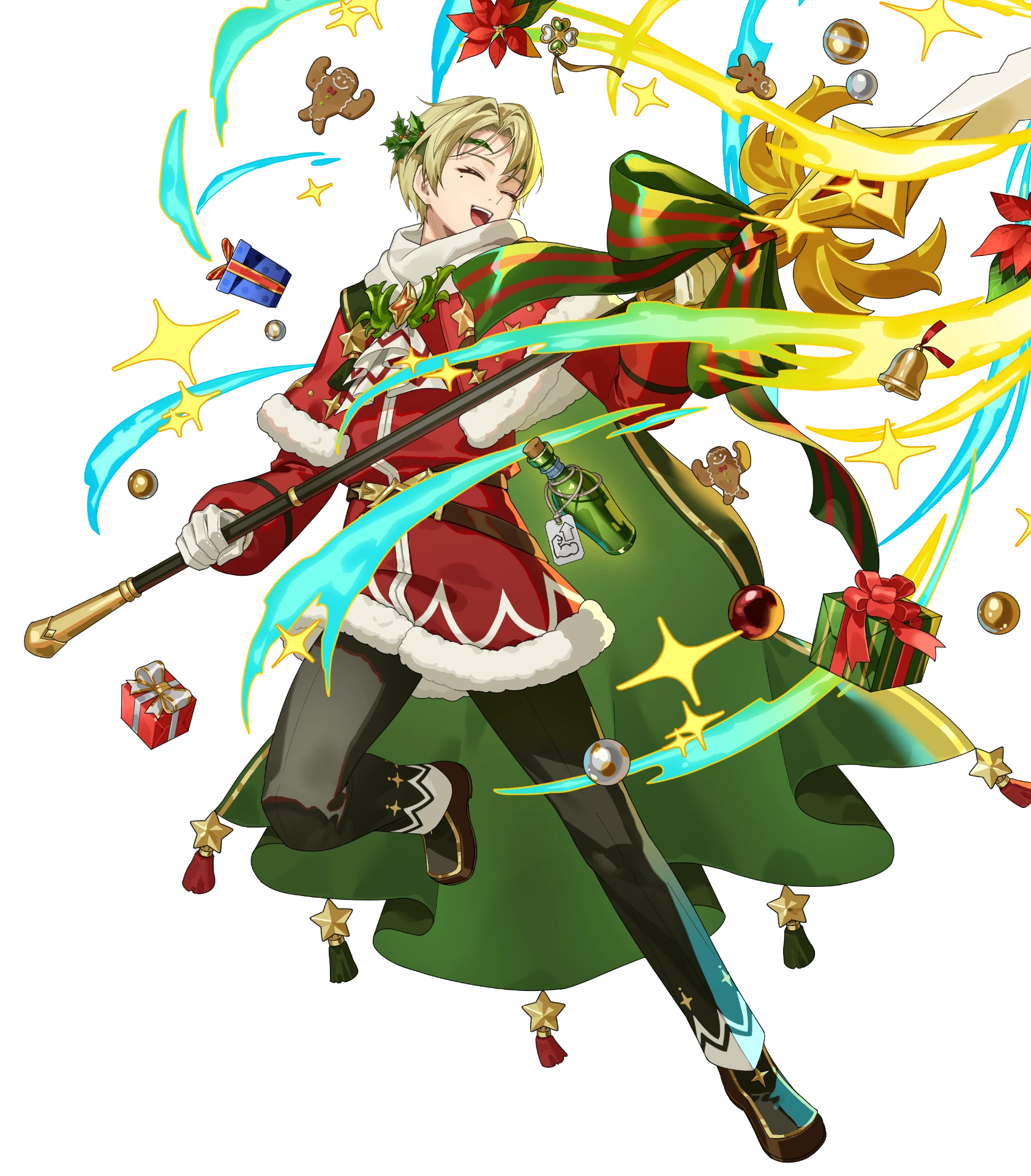 hanada 09, alfred (fire emblem), fire emblem, fire emblem engage, fire emblem heroes, nintendo, commentary request, highres, non-web source, official art, 1boy, alfred (joyous snowdrop) (fire emblem), attack, belt, black pants, blonde hair, bow, box, brown belt, cape, capelet, christmas ornaments, closed eyes, coat, fighting stance, fur-trimmed capelet, fur-trimmed coat, fur trim, gift, gift box, gingerbread man, gloves, green bow, green cape, hair ornament, holding, holding polearm, holding weapon, holly, holly hair ornament, long sleeves, looking at viewer, male focus, official alternate costume, open mouth, pants, polearm, red capelet, red coat, santa costume, scarf, shoes, short hair, simple background, smile, solo, star (symbol), star ornament, weapon, white background, white gloves, white scarf
