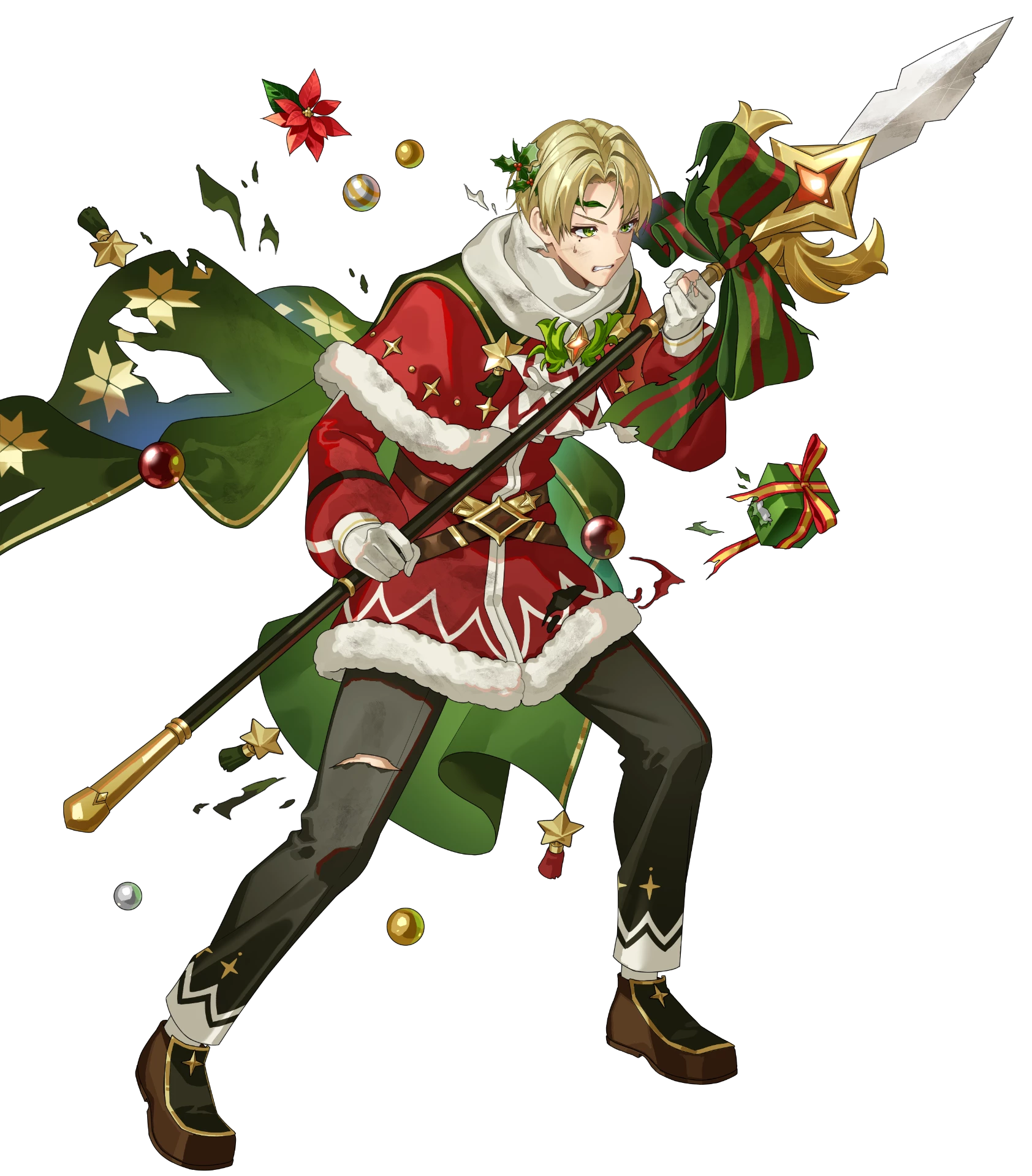 hanada 09, alfred (fire emblem), fire emblem, fire emblem engage, fire emblem heroes, nintendo, commentary request, highres, non-web source, official art, 1boy, alfred (joyous snowdrop) (fire emblem), battle damage, belt, black pants, blonde hair, bow, brown belt, cape, capelet, clenched teeth, coat, damaged, fur-trimmed capelet, fur-trimmed coat, fur trim, gloves, green bow, green cape, green eyes, hair ornament, holding, holding polearm, holding weapon, holly, holly hair ornament, long sleeves, looking at viewer, male focus, official alternate costume, open mouth, pants, parted lips, polearm, red capelet, red coat, santa costume, scarf, shoes, short hair, simple background, solo, star (symbol), star ornament, teeth, torn cape, torn clothes, torn pants, weapon, white background, white gloves, white scarf