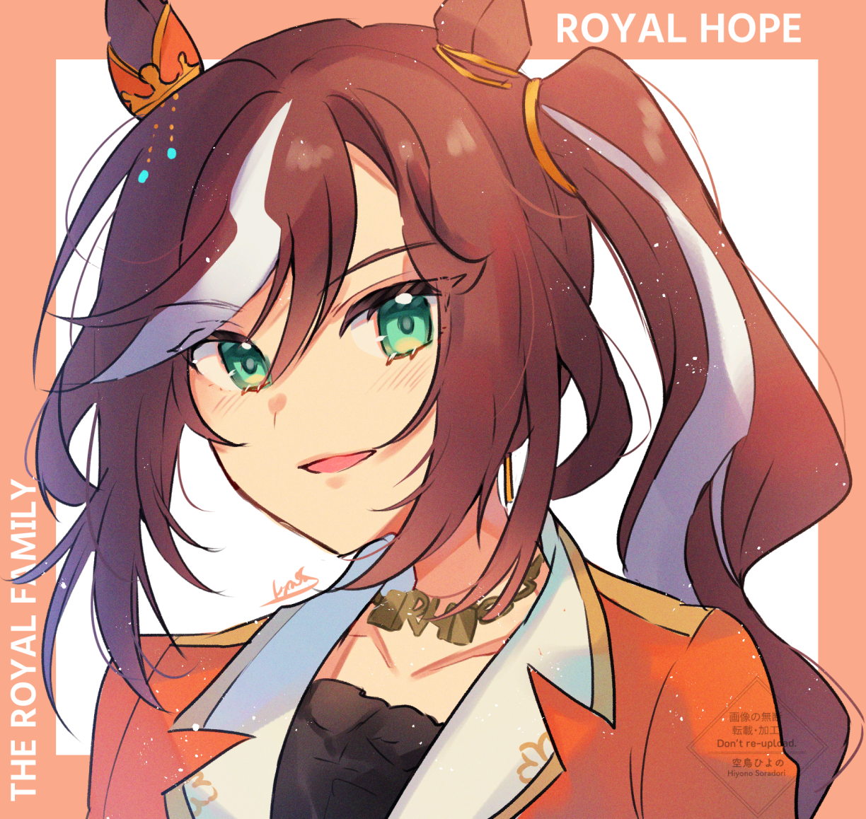 hiyono soradori, the royal family (tv series), commentary request, 1girl, animal ears, blush, breasts, character name, collarbone, green eyes, hair between eyes, hair ornament, horse ears, jewelry, long hair, looking at viewer, necklace, portrait, royal hope (the royal family), side ponytail, solo, watermark