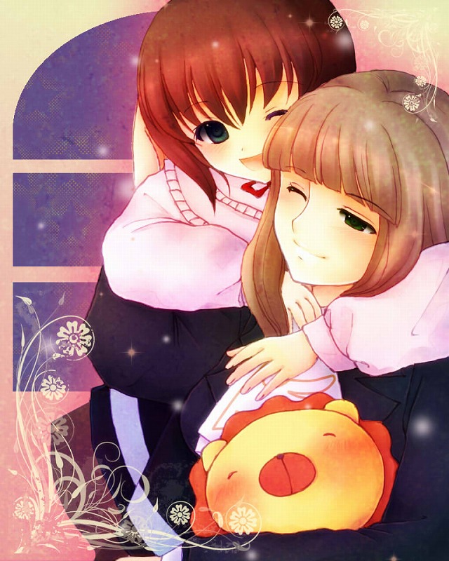 uta (semimaru), sakutarou (umineko), ushiromiya maria, ushiromiya rosa, umineko no naku koro ni, 00s, 2girls, brown hair, green eyes, hug, mother and daughter, multiple girls, one eye closed, red hair, smile, stuffed animal, stuffed lion, stuffed toy, wink