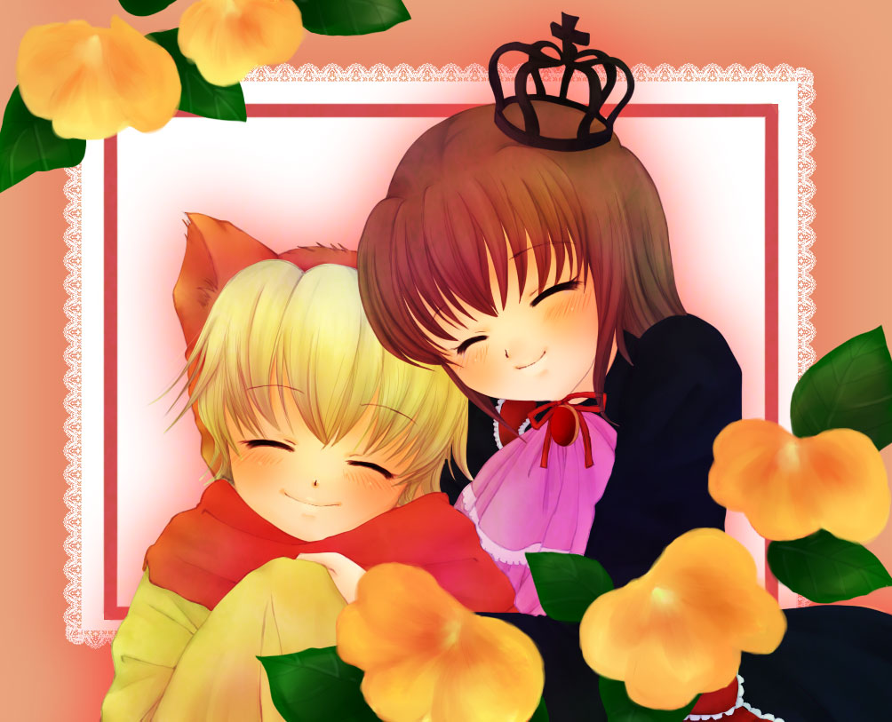 uta (semimaru), maria (umineko), sakutarou (umineko), umineko no naku koro ni, 00s, animal ears, closed eyes, crown, flower, hug, red hair, ribbon, smile