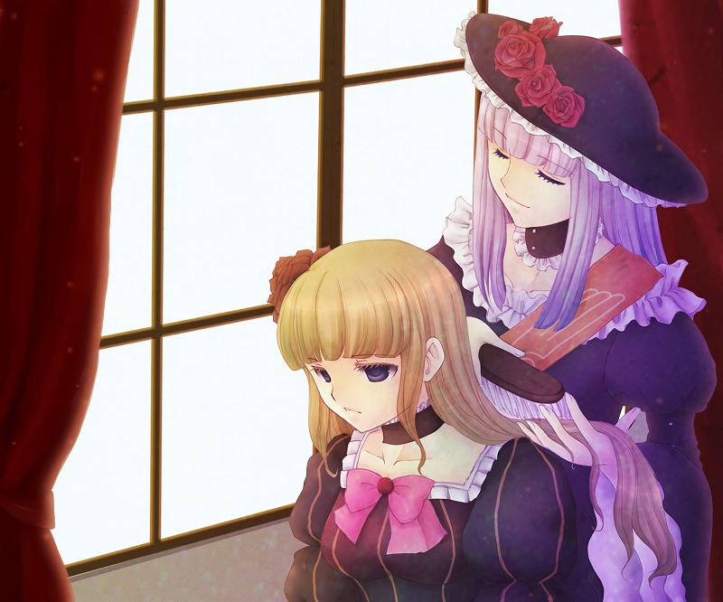 uta (semimaru), beatrice (umineko), virgilia (umineko), umineko no naku koro ni, 00s, 2girls, blonde hair, blue eyes, bow, brushing another's hair, brushing hair, choker, closed eyes, flower, frills, hat, long hair, multiple girls, pink bow, white hair