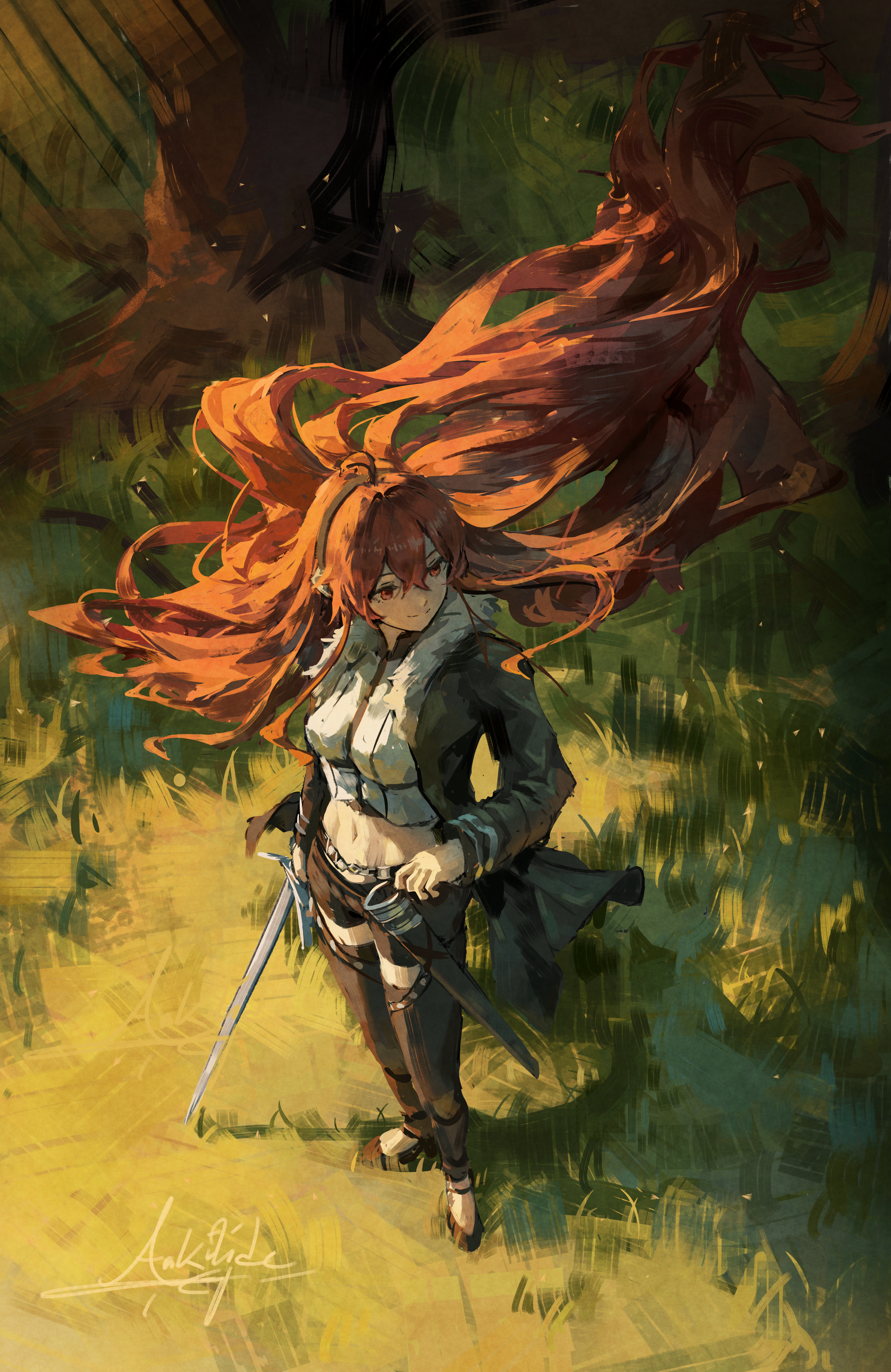 arkilide, eris greyrat, mushoku tensei, absurdres, commentary, english commentary, highres, 1girl, absurdly long hair, ahoge, black hairband, breasts, brown jacket, brown shorts, closed mouth, crop top, day, double-parted bangs, floating hair, forest, from above, full body, fur-trimmed jacket, fur trim, grass, hair between eyes, hairband, holding, holding sword, holding weapon, jacket, long hair, long sleeves, looking afar, looking to the side, medium breasts, midriff, nature, navel, open clothes, open jacket, outdoors, red eyes, red hair, sheath, shirt, shorts, signature, smile, solo, standing, sword, tree, unsheathed, very long hair, weapon, white shirt