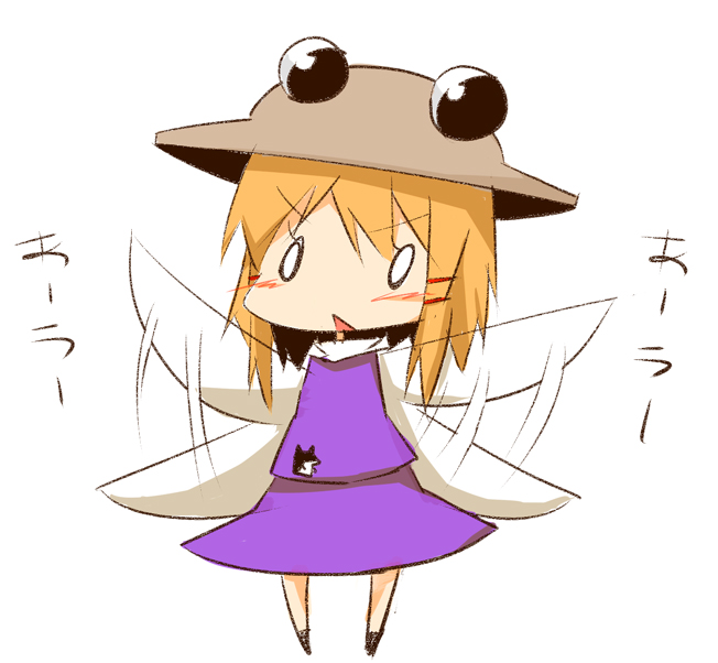 huei nazuki, kazeei naduki, moriya suwako, touhou, bad id, bad pixiv id, 1girl, blonde hair, blush, chibi, female focus, flapping, hat, long sleeves, short hair, simple background, solo