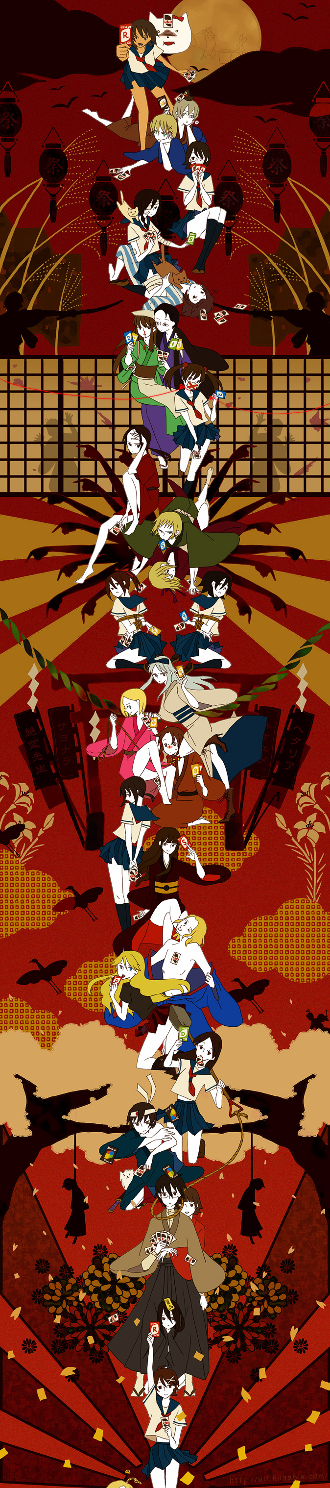 kitty, uli, austria (hetalia), belarus (hetalia), canada (hetalia), china (hetalia), denmark (hetalia), france (hetalia), fujiyoshi harumi, fuura kafuka, greece (hetalia), hitou nami, hungary (hetalia), iceland (hetalia), itoshiki nozomu, itoshiki rin, japan (hetalia), kaga ai, kimura kaere, kitsu chiri, kobushi abiru, komori kiri, liechtenstein (hetalia), lithuania (hetalia), northern italy (hetalia), norway (hetalia), oora kanako, otonashi meru, poland (hetalia), sekiutsu maria tarou, shinatty-chan, southern italy (hetalia), switzerland (hetalia), tsunetsuki matoi, united kingdom (hetalia), axis powers hetalia, sayonara zetsubou sensei, uno (game), absurdres, annotated, bad id, bad pixiv id, character request, highres, long image, tall image, 00s, 6+girls, ahoge, bandage over one eye, bandages, bird, black hair, blonde hair, blood, blue eyes, bow, brown eyes, brown hair, card, cat, colored skin, crossover, everyone, floating card, flower, food, glasses, green eyes, hair bow, hair ribbon, holding, holding card, japanese clothes, kikumon, kimono, mochi, moon, moon rabbit, multiple girls, noose, nosebleed, ponytail, rabbit, ribbon, rising sun flag, school uniform, serafuku, silhouette, sunburst, tree, twintails, wagashi, white skin, yukata