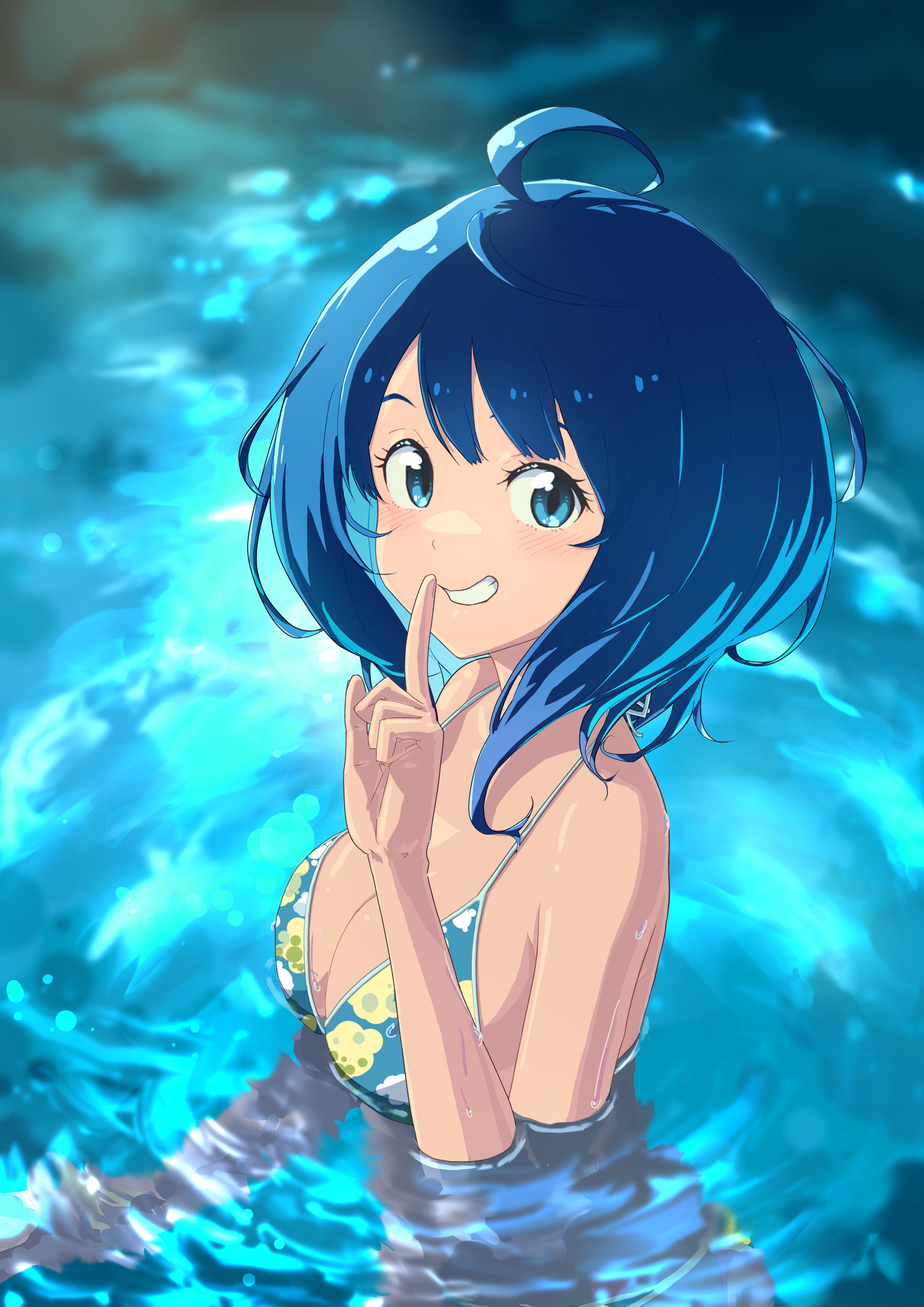 imzen, yanami anna, make heroine ga oo sugiru!, highres, 1girl, ass, bikini, blue bikini, blue eyes, blue hair, breasts, cleavage, from side, grin, index finger raised, large breasts, looking at viewer, medium hair, partially submerged, smile, solo, swimsuit, water, wet