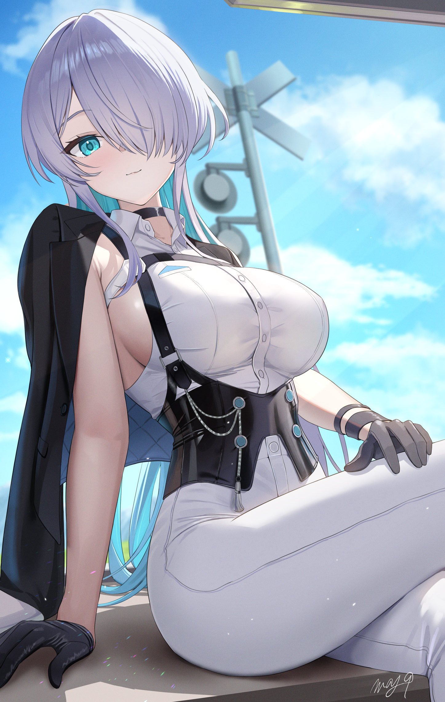 may9, brid (nikke), brid (silent track) (nikke), goddess of victory: nikke, commentary request, highres, partial commentary, 1girl, aqua hair, ass, backless shirt, black choker, black corset, black jacket, blue eyes, blue sky, blush, breasts, chest harness, choker, closed mouth, cloud, collarbone, collared shirt, colored inner hair, corset, crossed legs, day, gloves, grey hair, hair between eyes, hair down, hair over one eye, harness, indoors, jacket, jacket on shoulders, large breasts, long hair, looking at viewer, multicolored hair, official alternate costume, official alternate hairstyle, pants, railroad signal, shadow, shirt, sideboob, sideless shirt, sidelocks, signature, sitting, sky, sleeveless, smile, solo, tight clothes, tight pants, two-tone hair, white pants, white shirt