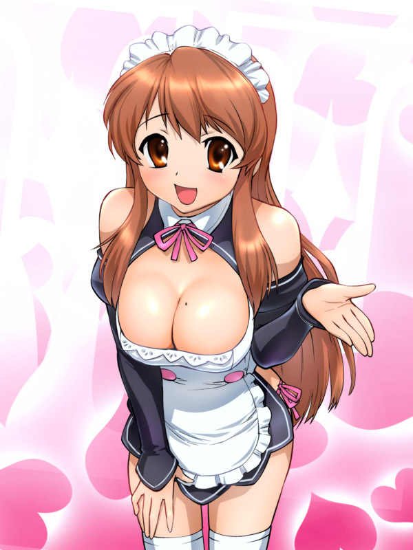 ueyama michirou, asahina mikuru, futaba riho, gotou yuuko, dream c club, dream c club (series), suzumiya haruhi no yuuutsu, 1girl, apron, bare shoulders, blush, breasts, brown eyes, brown hair, cleavage, cosplay, detached sleeves, female focus, futaba riho (cosplay), large breasts, long hair, maid, maid apron, maid headdress, mole, mole on breast, neck ribbon, open mouth, ribbon, solo, thighhighs, v, voice actor connection, white thighhighs
