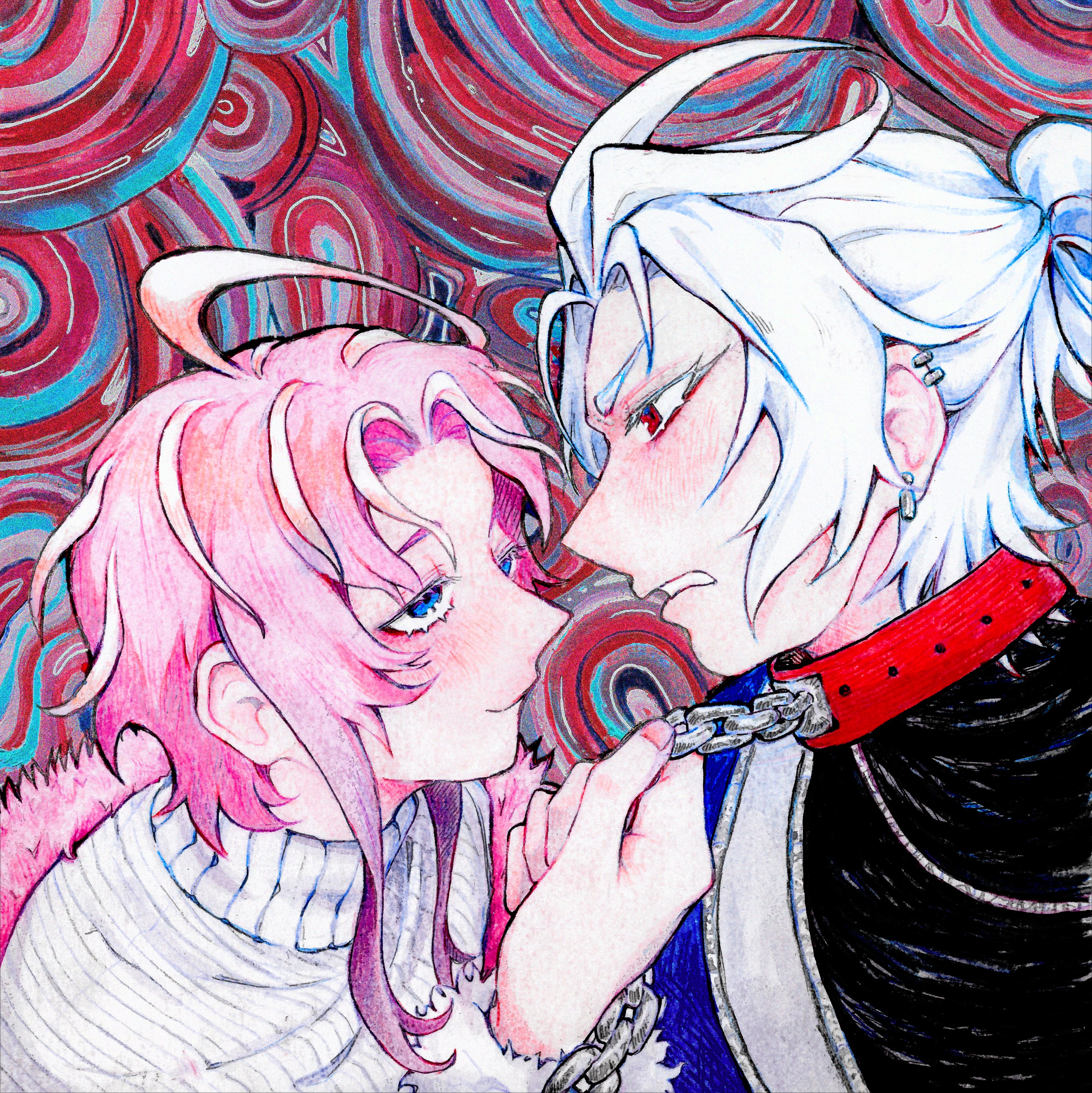 xamitra, amemura ramuda, aohitsugi samatoki, hypnosis mic, absurdres, colored pencil (medium), commentary, english commentary, highres, marker (medium), traditional media, 2boys, ahoge, alternate costume, alternate hairstyle, androgynous, antenna hair, blue eyes, blush, chain, chain leash, collar, colored eyelashes, colorful background, cowlick, curtained hair, cutout eyelashes, ear piercing, earrings, eye contact, face-to-face, fingernails, from side, fur-trimmed sleeves, fur trim, furrowed brow, gradient hair, half-closed eyes, half updo, hand up, hatching (texture), height difference, jewelry, leash, leash pull, linear hatching, long sleeves, looking at another, male focus, multicolored hair, multiple boys, pale skin, parted bangs, parted lips, piercing, pink hair, portrait, profile, purple hair, raised eyebrows, red collar, red eyes, ribbed sweater, short hair, short hair with long locks, sidelocks, silver earrings, smile, sweater, turtleneck, turtleneck sweater, v-shaped eyebrows, wavy hair, white hair, white sweater, yaoi