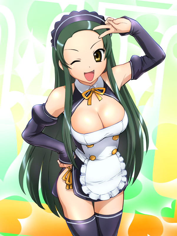 ueyama michirou, futaba riho, tsuruya, dream c club, dream c club (series), suzumiya haruhi no yuuutsu, 1girl, apron, bare shoulders, black thighhighs, breasts, cleavage, cosplay, detached sleeves, fang, female focus, futaba riho (cosplay), green hair, large breasts, long hair, maid headdress, neck ribbon, one eye closed, ribbon, solo, thighhighs, v, very long hair, white thighhighs, wink, yellow eyes