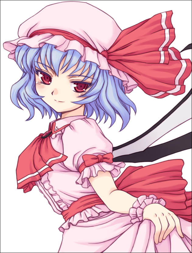 orebalgum, remilia scarlet, touhou, 2girls, female focus, hat, multiple girls, red eyes, ribbon, simple background, solo, standing, white background