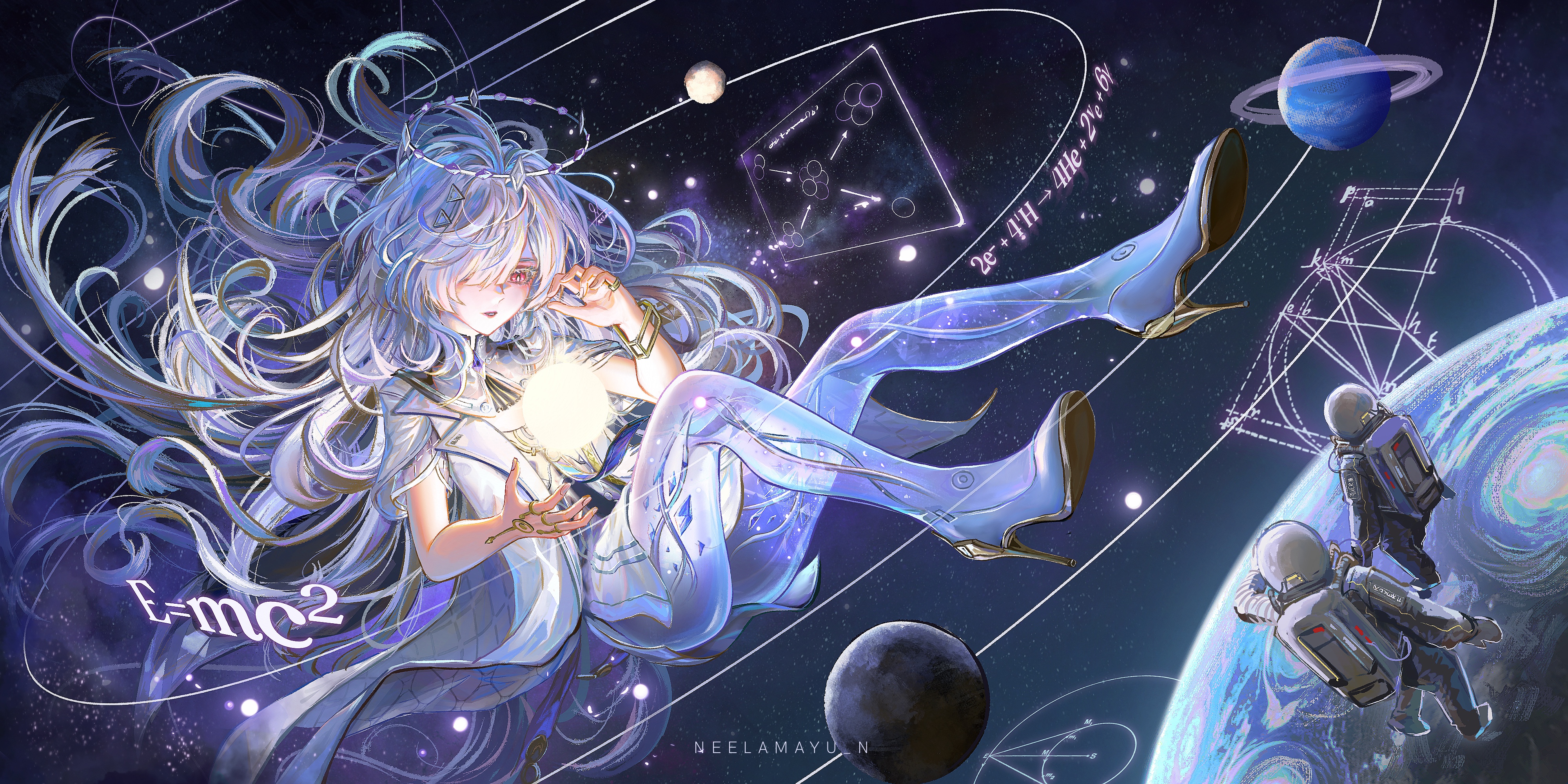 izzycrownart, mornye (wuthering waves), wuthering waves, absurdres, commentary, english commentary, highres, 1girl, 2others, artist name, astronaut, e=mc2 (equation), full body, grey hair, high heels, jacket, long hair, multiple others, orb, parted lips, planet, red eyes, see-through body, solo, space, white jacket