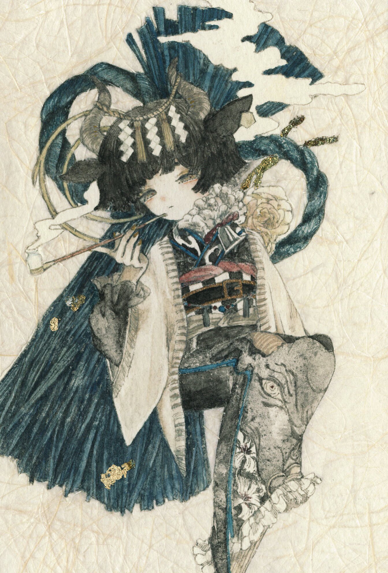 karintoun, original, acrylic paint (medium), commentary request, highres, painting (medium), traditional media, watercolor (medium), 1girl, animal ears, black eyes, black hair, black robe, braid, brown eyes, closed mouth, demon, expressionless, fantasy, flower, from side, full body, fur collar, hair ornament, holding, horns, long sleeves, looking at viewer, looking down, medium hair, obi, ornate, ribbon, robe, sash, short hair, simple background, sitting, smoke, smoking pipe, wavy hair