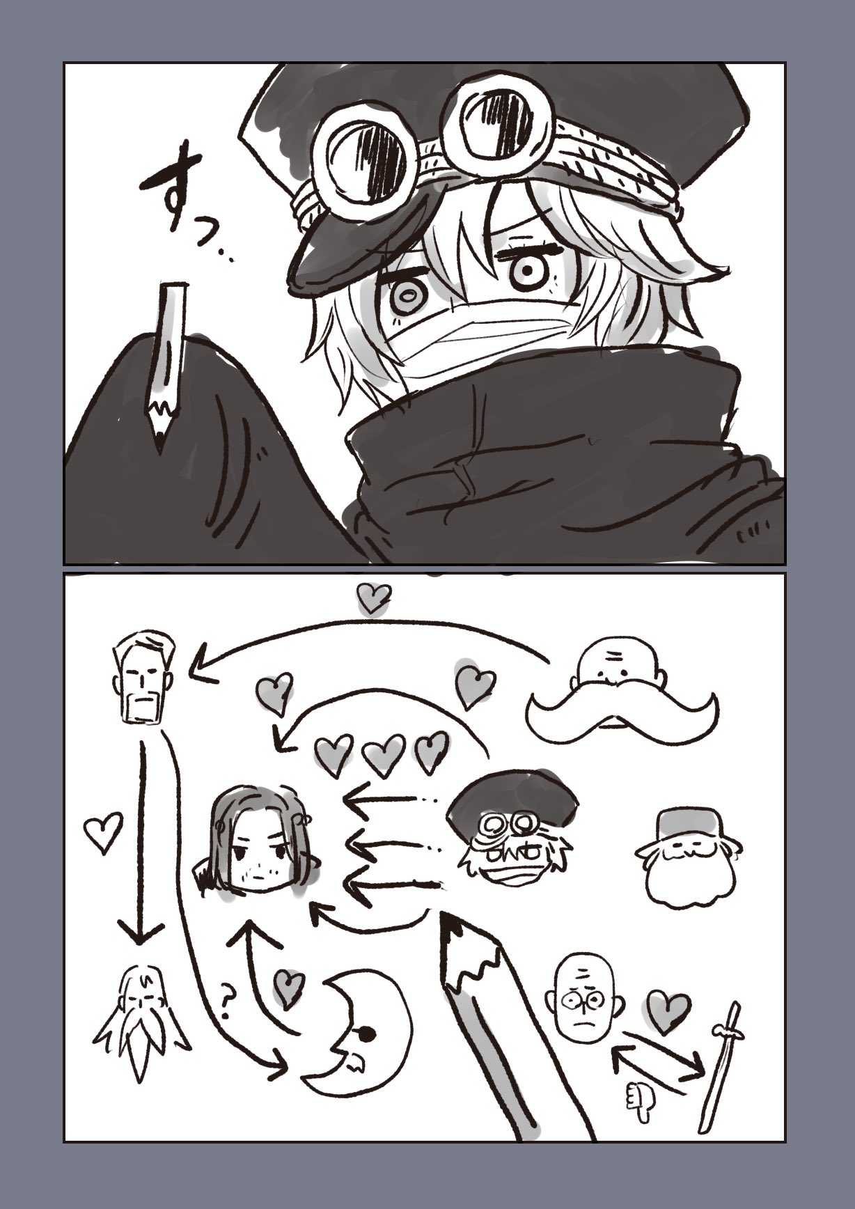 nobuchi0503, ethan-baron v. nusjuro, figarland garling, figarland shamrock, gunko, jaygarcia saturn, marcus mars, shepherd ju peter, topman warcury, one piece, highres, translation request, 1girl, :i, ?, beard, clenched teeth, close-up, drawing (object), expressionless, facial hair, facial mark, female pervert, glasses, gorosei, greyscale, hat, hetero, heterochromia, holding, holding pencil, katana, long beard, long sleeves, looking down, map, mask, monochrome, mouth mask, multiple boys, mustache, parody, pencil, pervert, pun, shipping (fandom), short hair, solo, sweatdrop, sword, tears, teeth, thinking, weapon, white background