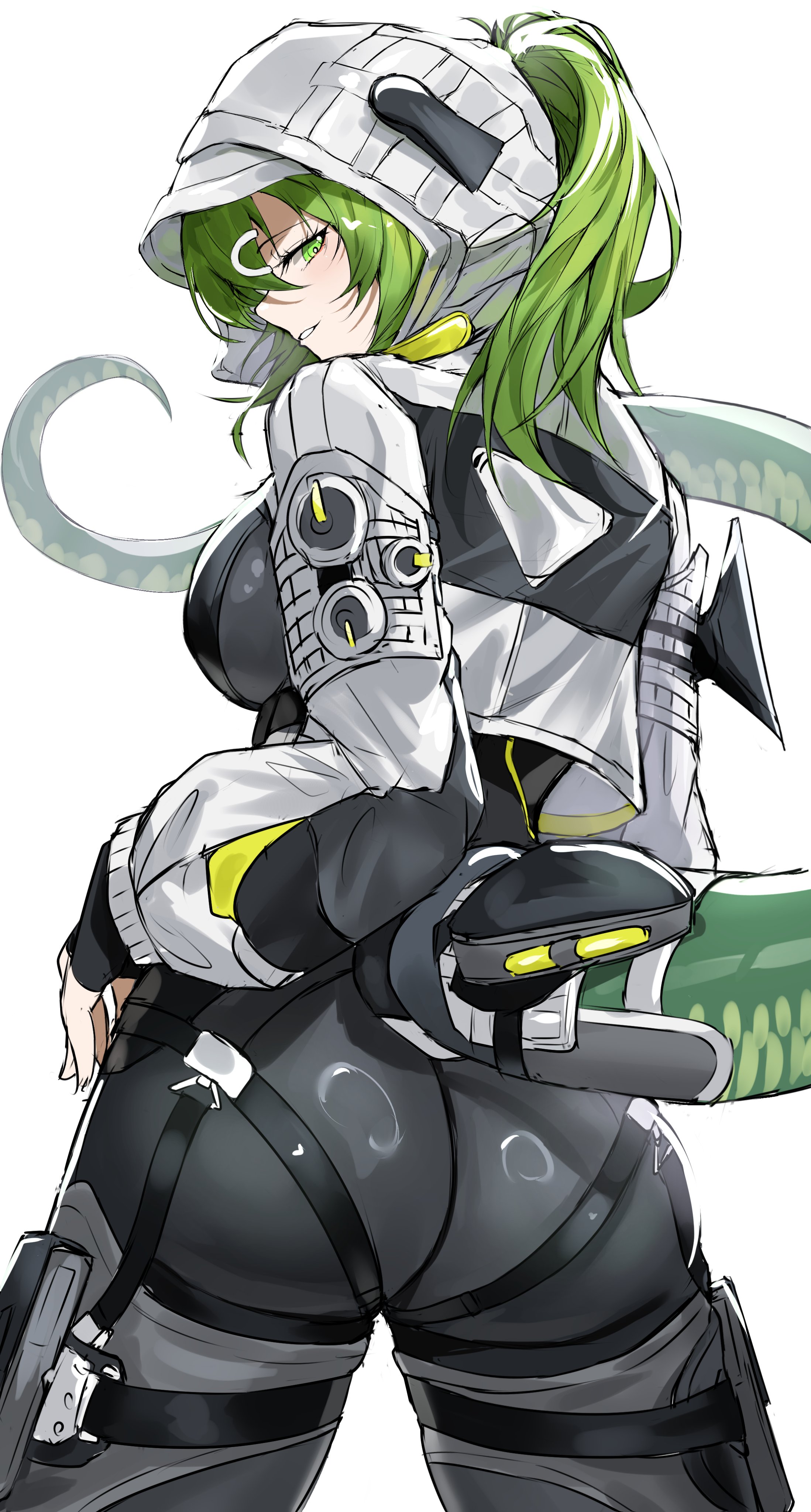 putcho, fluorite (arknights), arknights, arknights: endfield, absurdres, commentary request, highres, 1girl, ass, black bodysuit, black gloves, bodysuit, breasts, cowboy shot, fingerless gloves, from behind, gloves, green eyes, green hair, hood, hood up, hooded shrug, jacket, long hair, long sleeves, looking at viewer, looking back, medium breasts, parted lips, ponytail, pouch, shrug (clothing), sideways glance, simple background, smile, snake girl, snake tail, solo, tail, thigh pouch, white background, white shrug