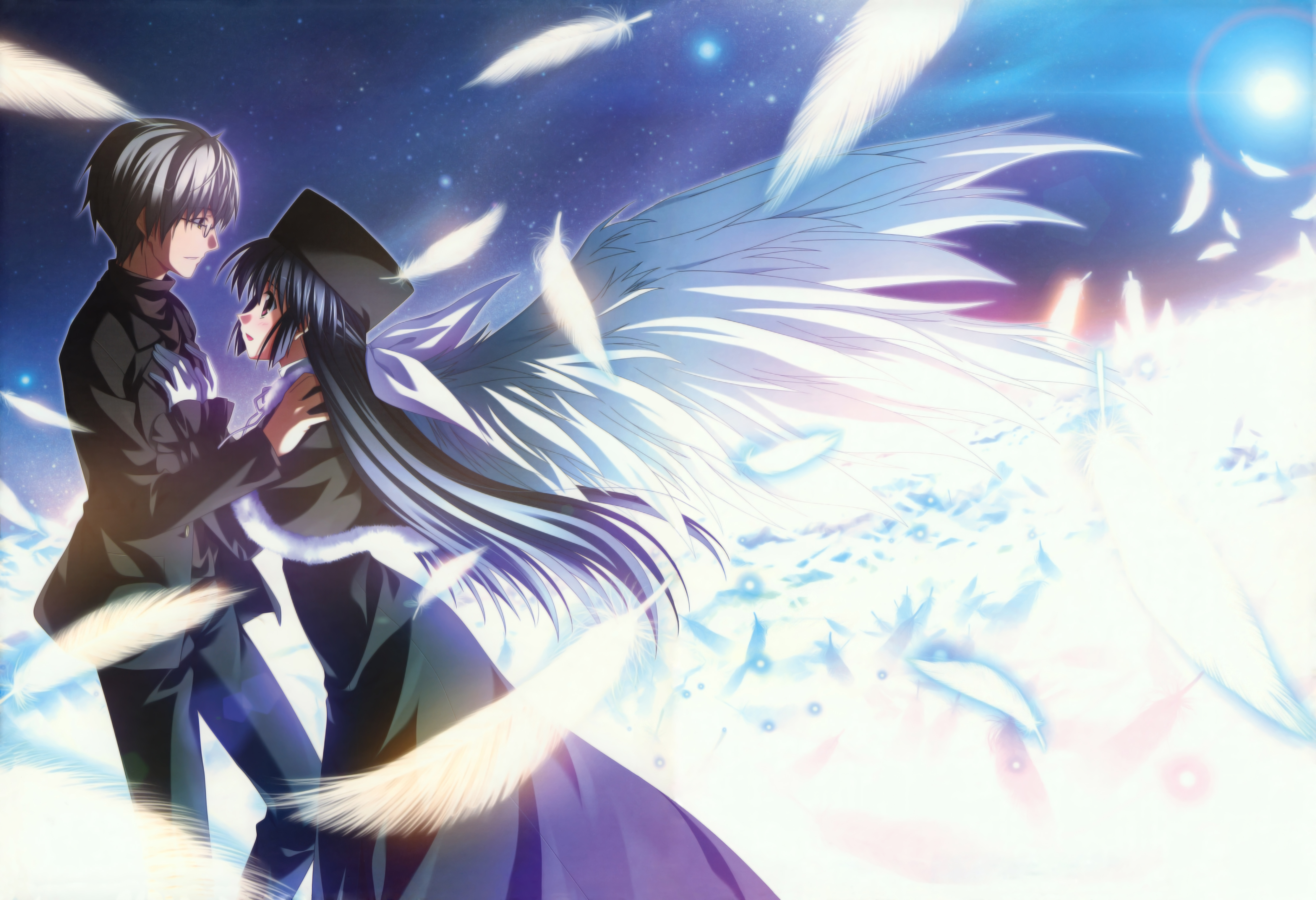 nanao naru, amamiya yuuko, himura yuu, ef (visual novel), absurdres, highres, 00s, blush, feathers, glass, gloves, hat, long hair, short hair