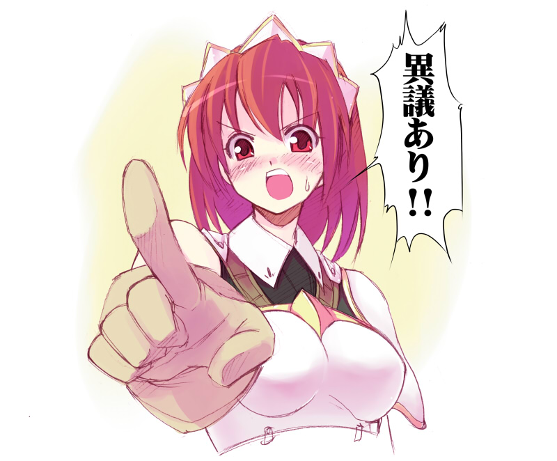 seo tatsuya, cecily cambell, ace attorney, capcom, seiken no blacksmith, translated, 00s, 1girl, armor, female focus, gloves, leotard, objection, pointing, red eyes, red hair, solo