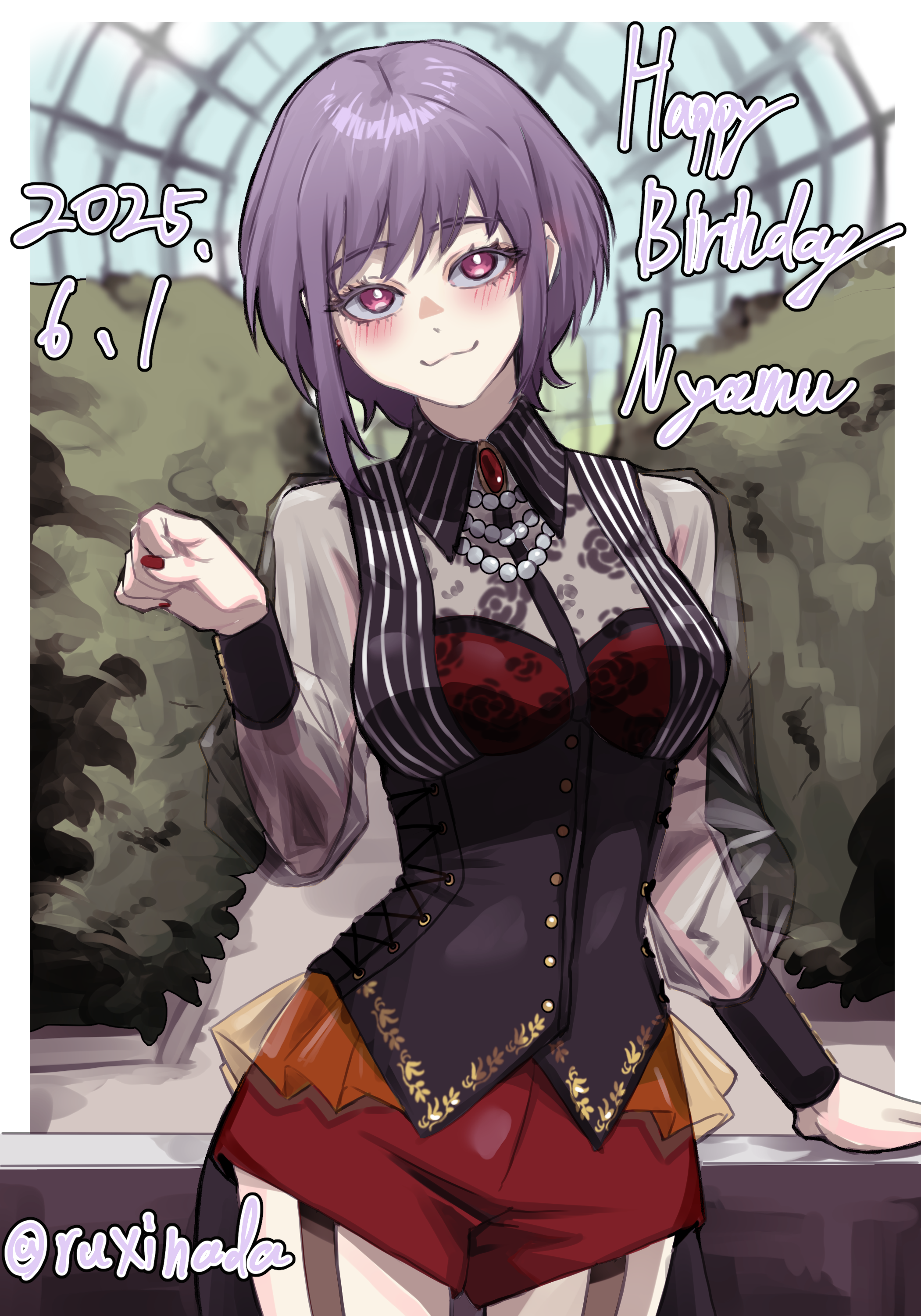 rushinada, amoris (bang dream!), yuutenji nyamu, bang dream!, bang dream! it's mygo!!!!!, absurdres, commentary request, highres, partial commentary, 1girl, :3, black corset, blush, character name, closed mouth, corset, dated, garter straps, happy birthday, long sleeves, looking at viewer, nail polish, pink eyes, purple hair, red nails, red shorts, short hair, shorts, solo, twitter username