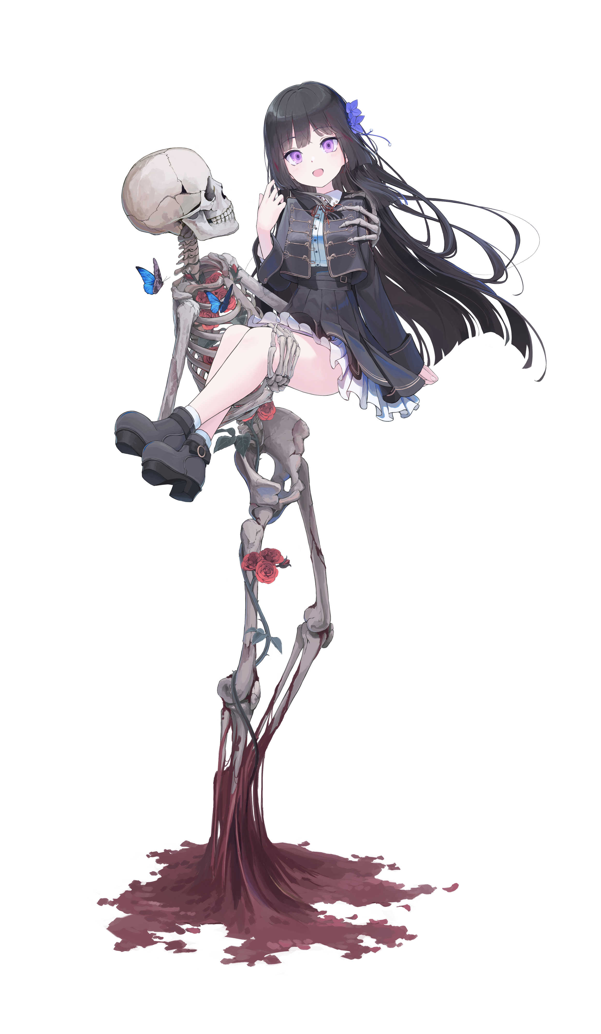 mikisai, original, absurdres, commentary request, highres, 1girl, :d, black boots, black hair, black jacket, black skirt, blunt bangs, blunt ends, boots, bug, butterfly, carrying, flower, frilled skirt, frills, hand up, insect, jacket, long hair, long sleeves, open clothes, open jacket, open mouth, pleated skirt, princess carry, purple eyes, red flower, red rose, rose, simple background, skeleton, skirt, smile, socks, solo, white background, white socks