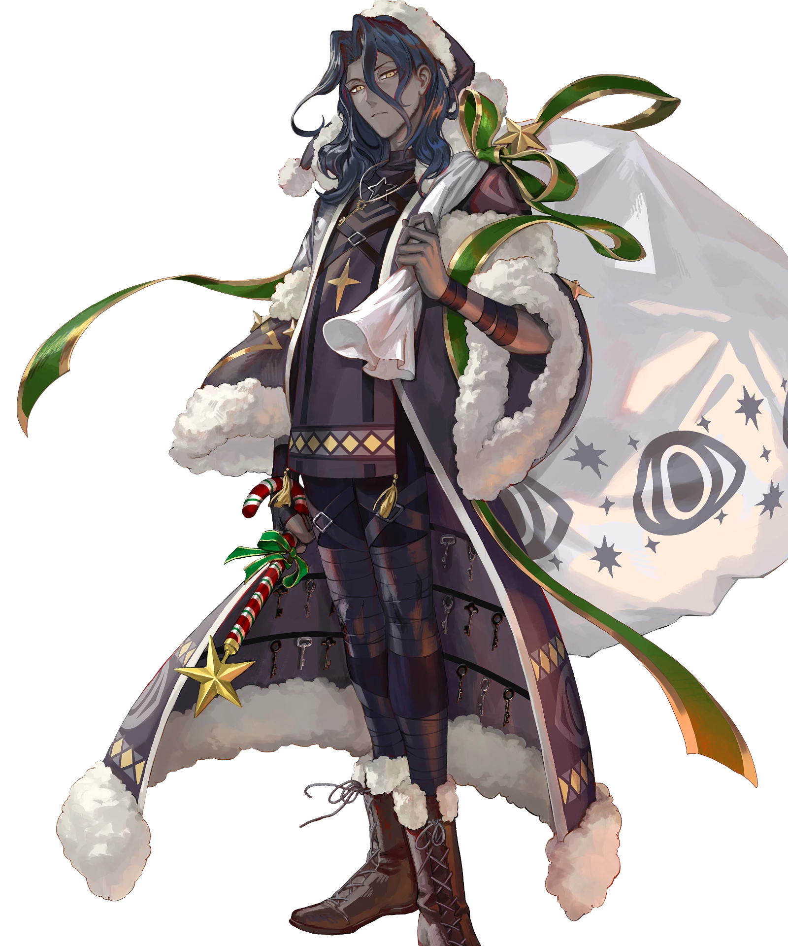 egawa akira, zelkov (fire emblem), fire emblem, fire emblem engage, fire emblem heroes, nintendo, highres, non-web source, official art, 1boy, black hair, boots, candy, candy cane, dark-skinned male, dark skin, food, green ribbon, hat, holding, holding sack, key, long hair, looking at viewer, male focus, ribbon, sack, santa costume, santa hat, solo, tachi-e, zelkov (winter shadow) (fire emblem)