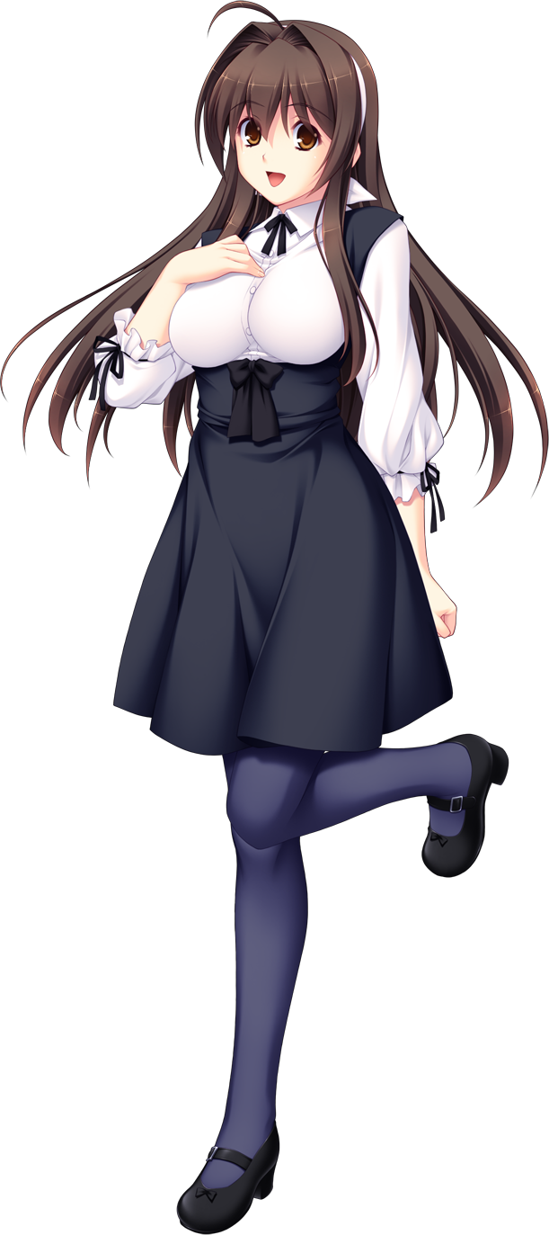 tsukumo kazuita, maishima yuri, nerawareta megami tenshi angel tear, game cg, highres, large variant set, non-web source, official art, variant set, 1girl, :d, ahoge, black ribbon, blue pantyhose, breasts, brown eyes, brown hair, casual, dress, full body, hair intakes, hairband, hand on own chest, large breasts, leg up, long hair, long sleeves, looking at viewer, mary janes, open mouth, pantyhose, ribbon, shirt, shoes, skirt, smile, solo, standing, standing on one leg, transparent background, underbust, virgin killer outfit