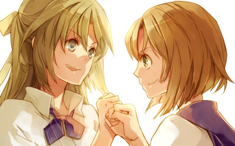 ayko, oono eiko, ryuuguu rena, sonozaki shion, higurashi no naku koro ni, matsuribayashi-hen, bad id, bad pixiv id, 00s, 2girls, blue eyes, brown hair, fist bump, green eyes, green hair, hair ribbon, half updo, long hair, multiple girls, necktie, ribbon, school uniform, short hair, smile