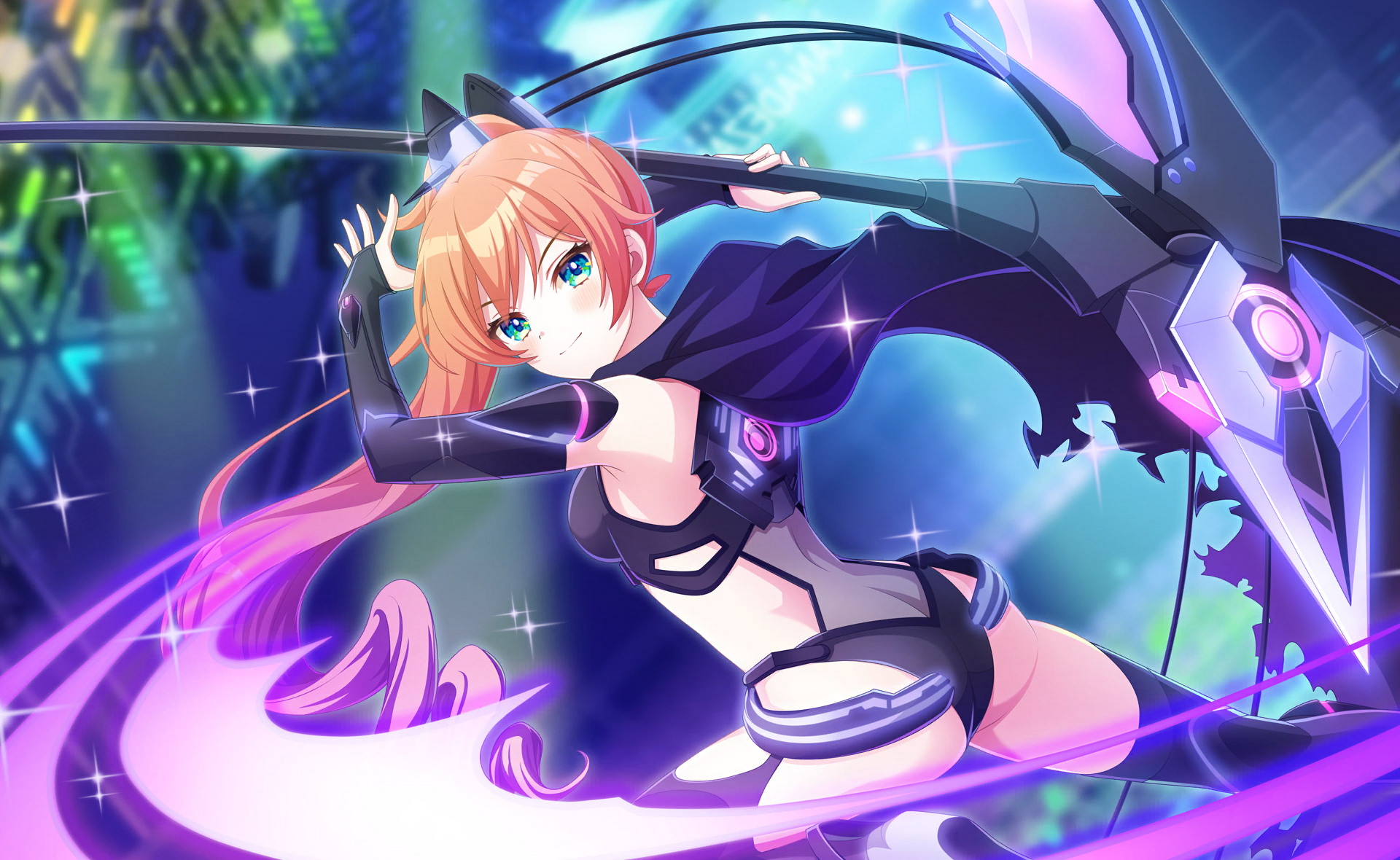 ramona wolf, takase rio, ongeki, world dai star, commentary request, game cg, highres, official art, third-party source, 1girl, animal ears, ass, black gloves, blurry, blurry background, breasts, butt crack, cat ears, cosplay, depth of field, elbow gloves, fingerless gloves, gloves, green eyes, holding, holding weapon, hood, long hair, looking at viewer, orange hair, scythe, small breasts, smile, solo, sparkle, takase rio (cosplay), thighhighs, weapon
